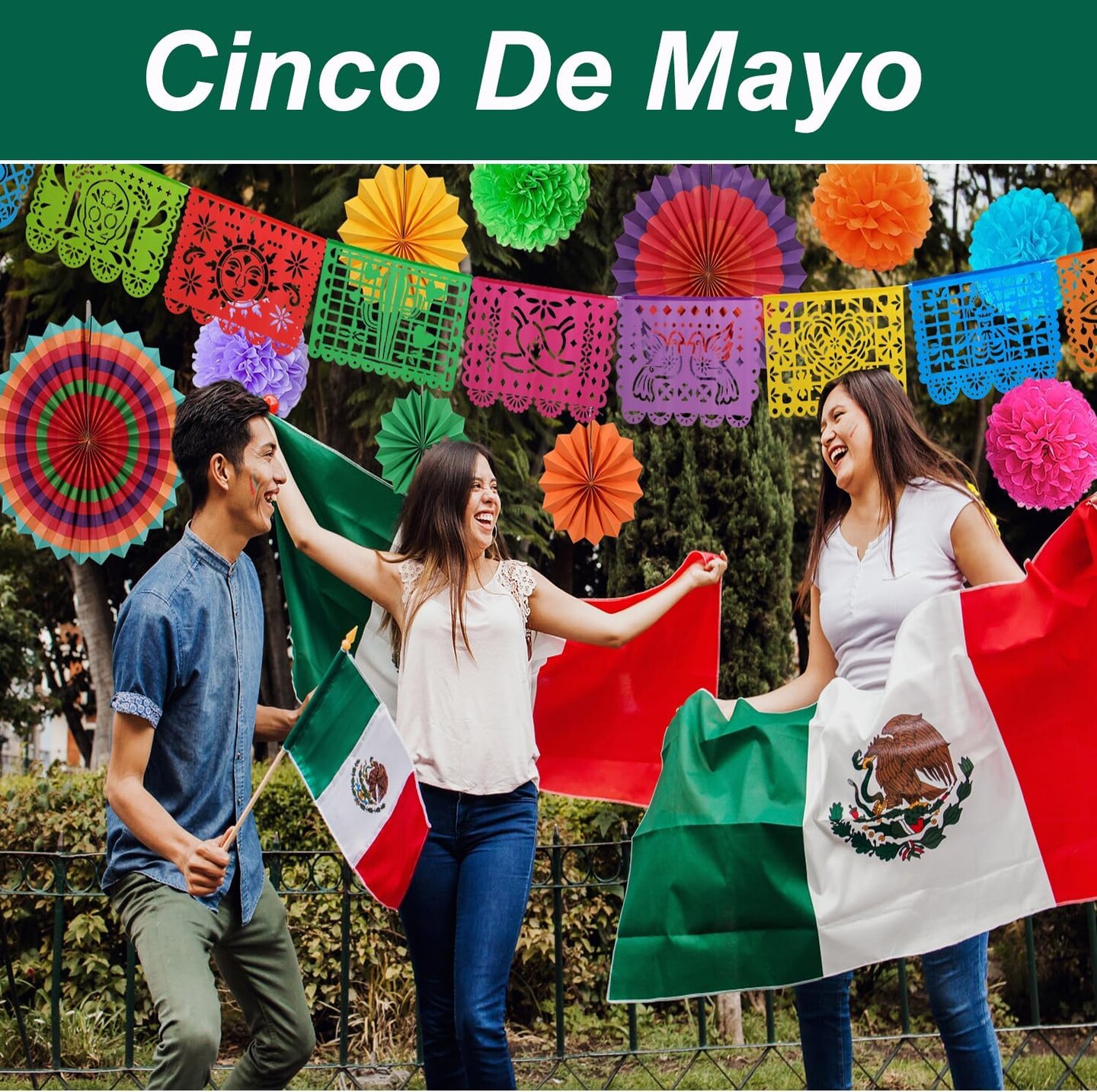 17Pcs Fiesta Party Decorations,Mexican Party Banners,82.5 Feet Plastic Papel Picado,Mexican Party Decorations,Cinco de Mayo Decoration,Dia de los Muertos,Day of the Dead Decor with Paper Fans Pom Poms Flowers