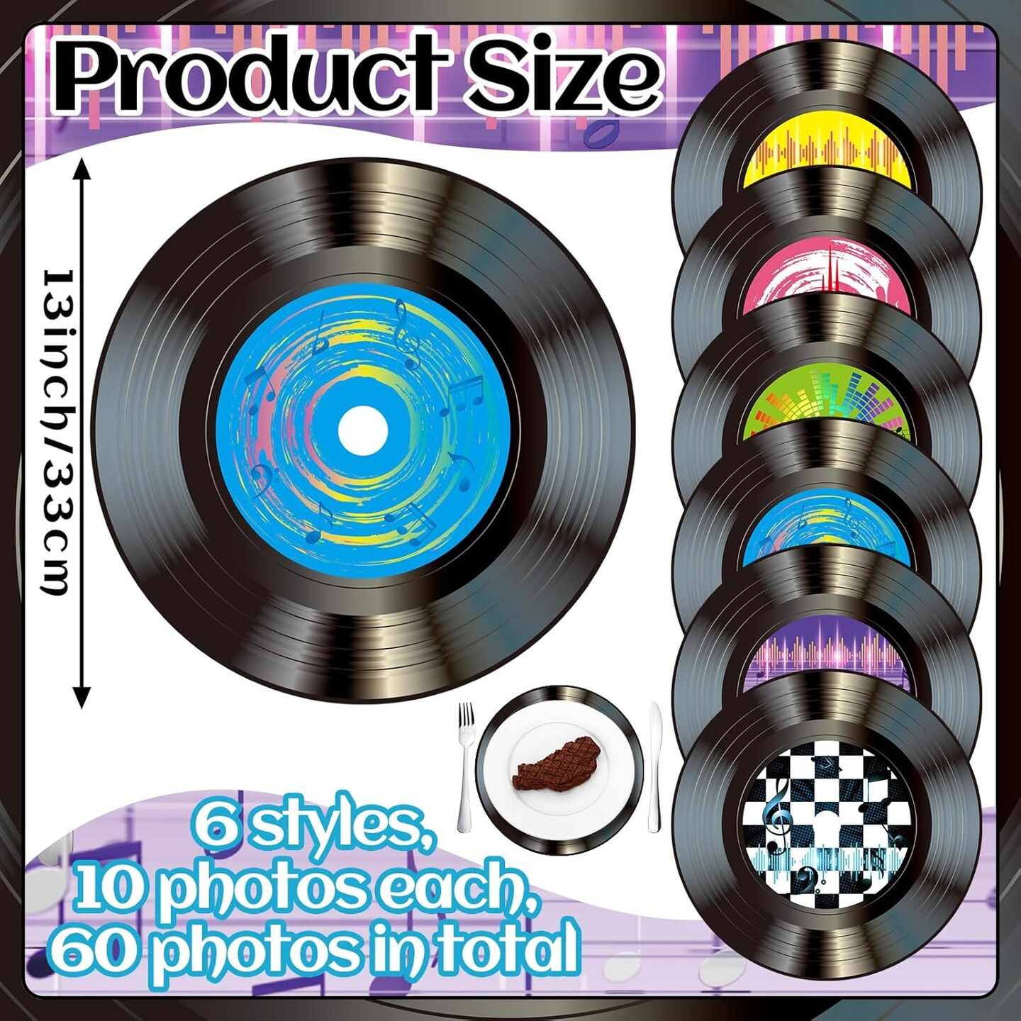 60 Pcs 13&#x27;&#x27; 1950&#x27;s Rock and Roll Vinyl Record Placemat Vintage Musical Theme Table Place Mats Paper Round Disposable Placemats 50&#x27;s Theme Rock Party Table Mats for Dining Home Decorations