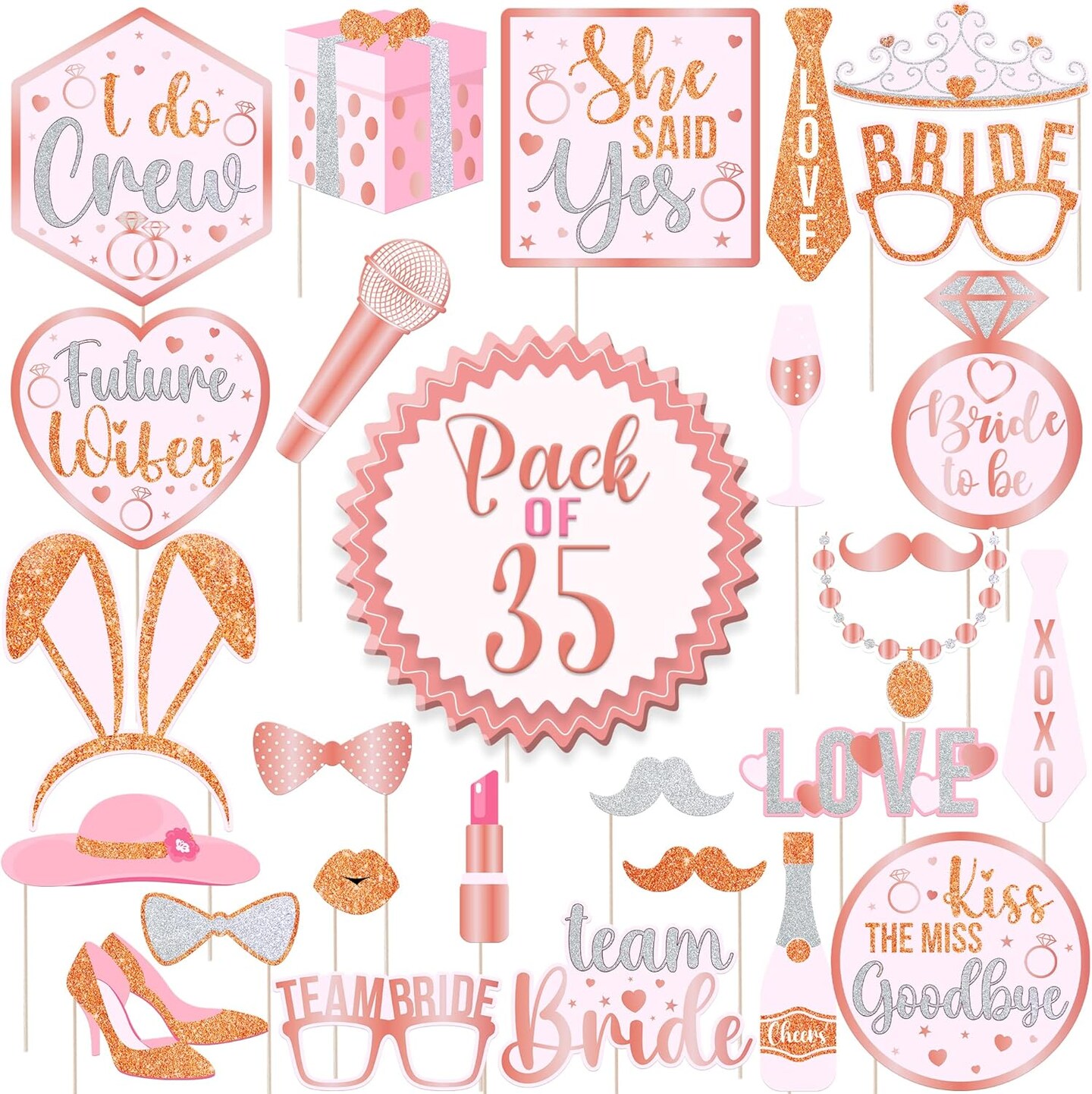 Bachelorette Photo Booth Props Set - Pack of 35 | Rose Gold Bridal Shower Photo Booth Props for Bridal Shower Decorations | Bachelorette Party Photo Props for Bachelorette Party Decorations