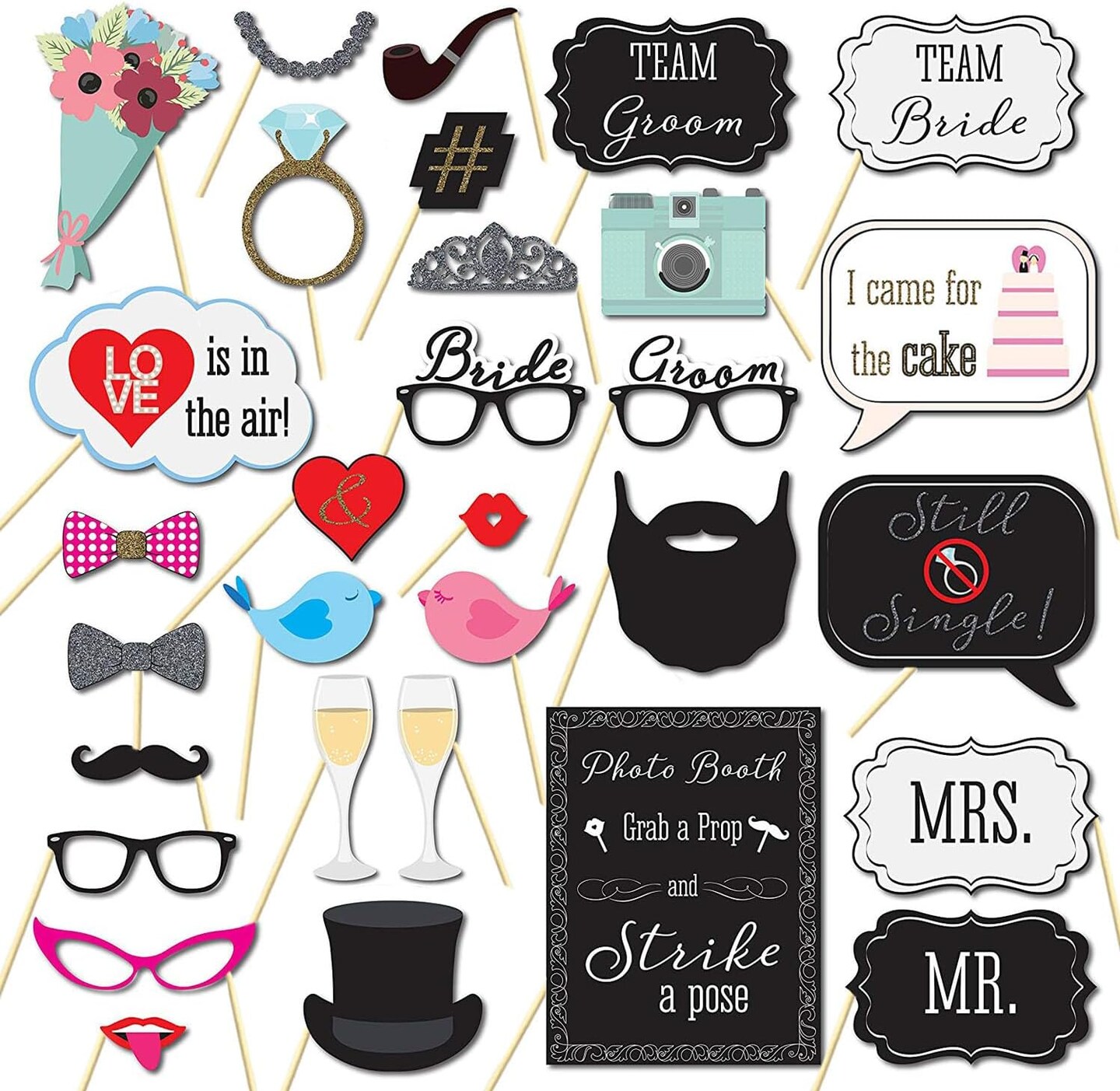 Photo Booth Props, 31Pcs Set of Wedding Party Supplies & Decorations, Selfie Station With Real Glitter Cute Backdrop