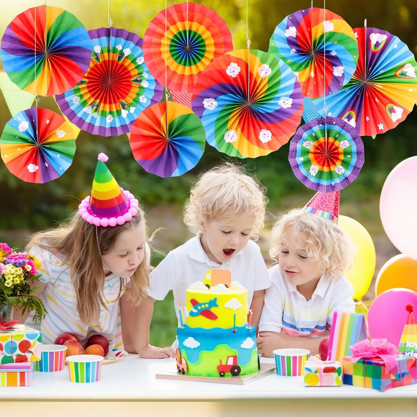 9 PCS Rainbow Hanging Decorations Paper Fans Rainbow Theme Classroom Decorations Paper Fans Colorful Rainbow Cloud Ceiling Wall Decor