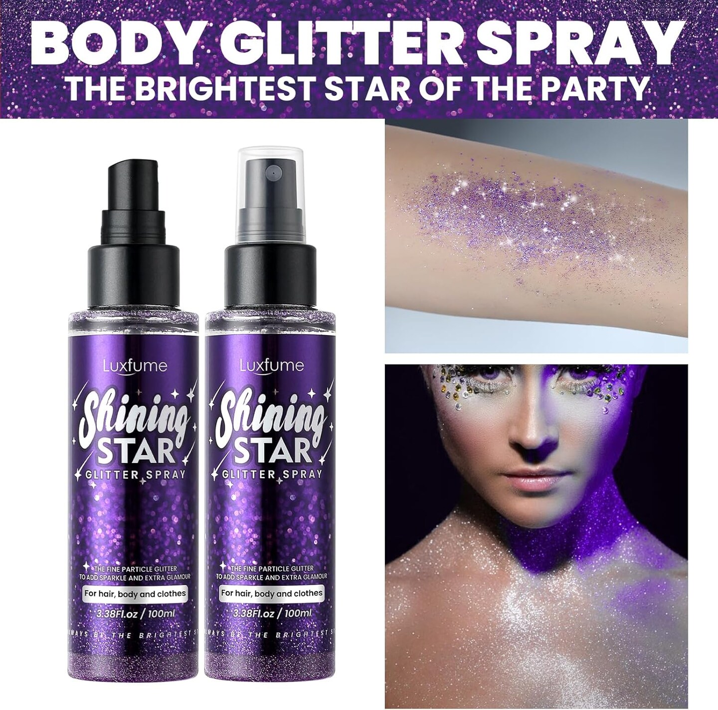 Body Glitter Spray&#xFF0C;Glitter Hairspray&#xFF0C;Purple Body Glitter Spray,Quick-Drying and Waterproof Glitter Hairspray,Nozzles are not Easily clogged&#xFF0C;Long-Lasting Body Shiny Spray for Stage Makeup, 3.38Oz