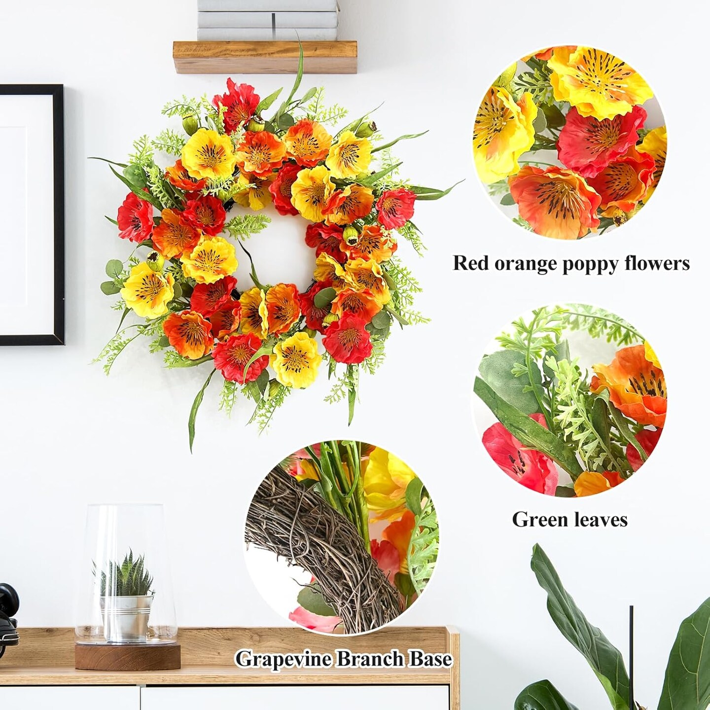 24&#x22; Summer Wreath for Front Door with Poppy Flowers &#x26; Green Leaves &#x2013; Bright Floral Wreath for Porch, Outdoor Wall, or Home Decor