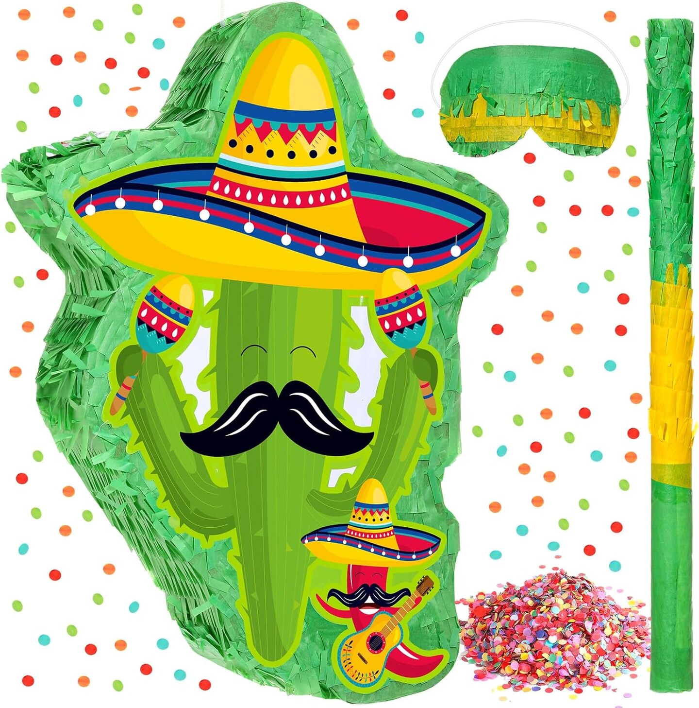 Mexico Cactus Piñata 16x12x3 Inch Cactus Piñata with Stick Blindfold and Confetti Pepper Piñata with Mexico Hat Cinco De Mayo Fiesta Red Chili Piñata for Party Game