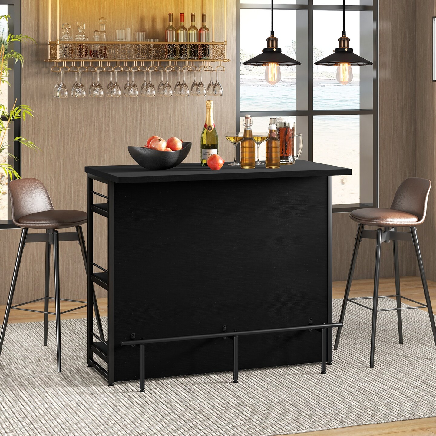 Black 4-Tier Storage Shelf Kitchen Island with 5-Bottle Wine Rack and 4-Row Glass Holders