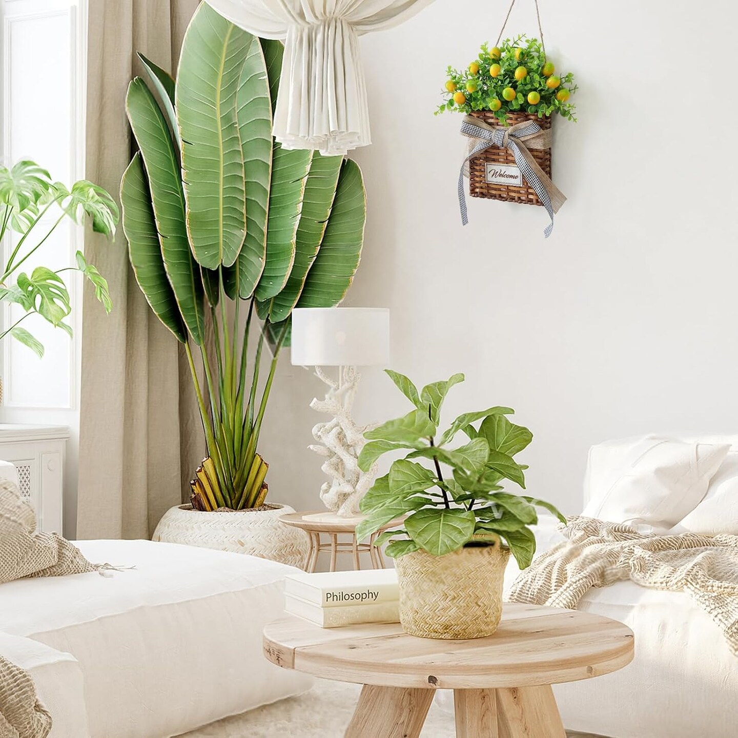 Yellow Lemon Summer Wreath – Artificial Spring & Summer Door Hanger with Green Leaves, Farmhouse-Style Basket Wreath for Front Door, Wall, and All-Season Home Décor