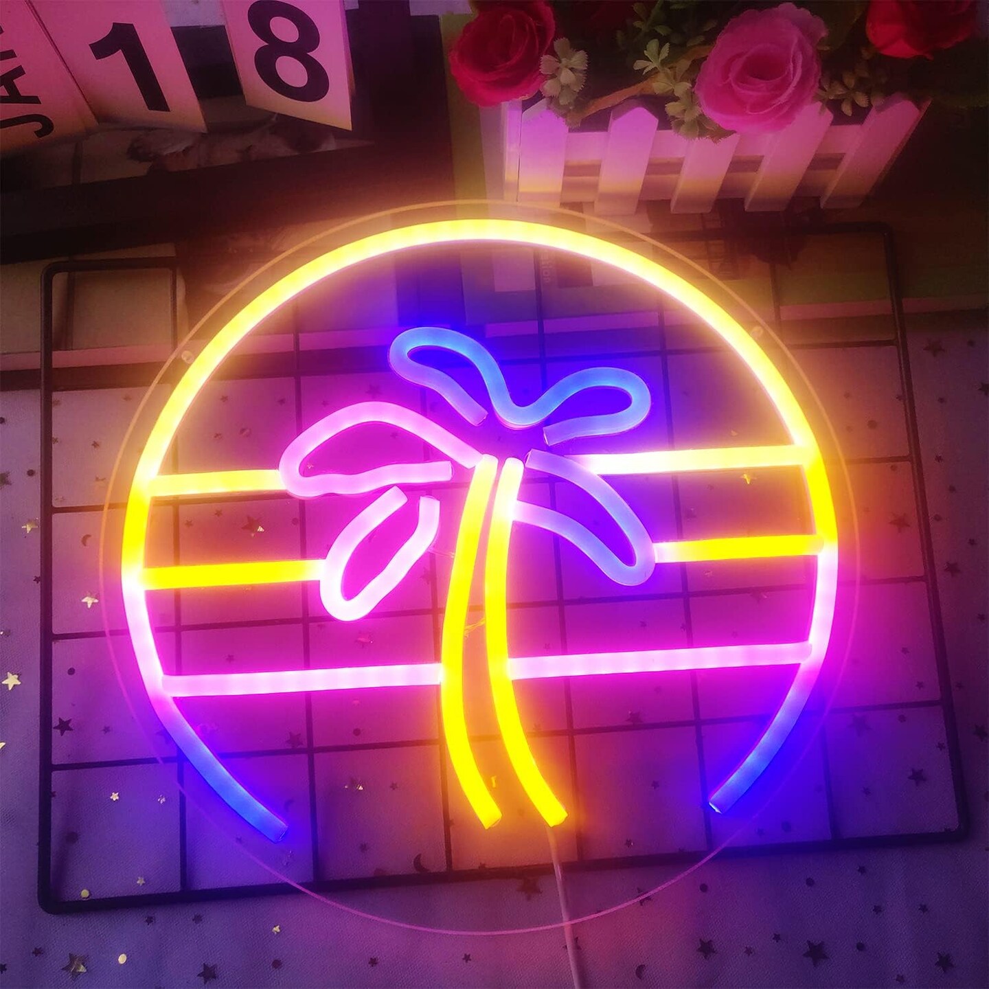 Sunset Neon Sign &#x2013; Dimmable Tropical Coconut Palm Tree Neon Sign, 12&#x22;x 12&#x22; | Aesthetic 80s Retro Palm Tree Wall Decor for Home, Bar, Birthday, and Christmas