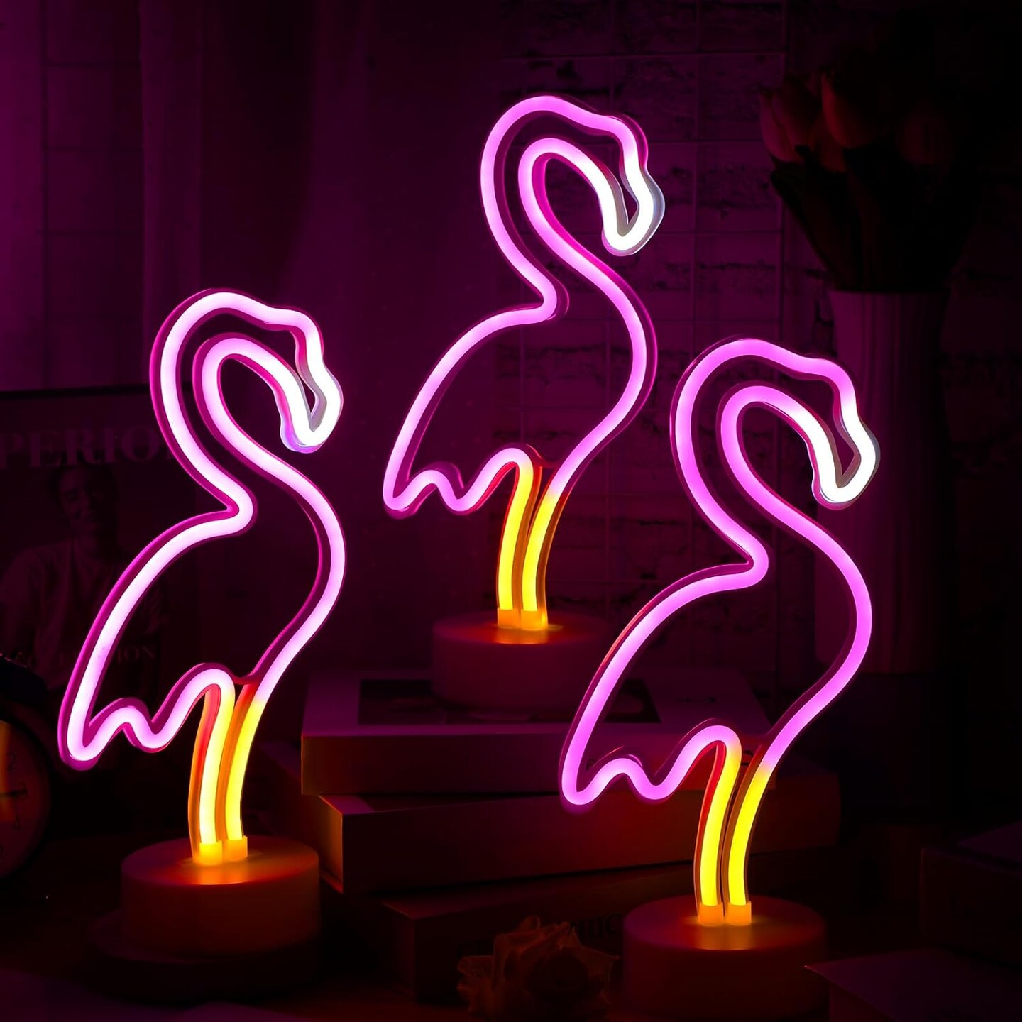 3 Pcs Summer Flamingo Neon Lights &#x2013; Tropical Pink Flamingo LED Tabletop Decor, USB &#x26; Battery Powered, Perfect for Summer Parties, Beach Vibes
