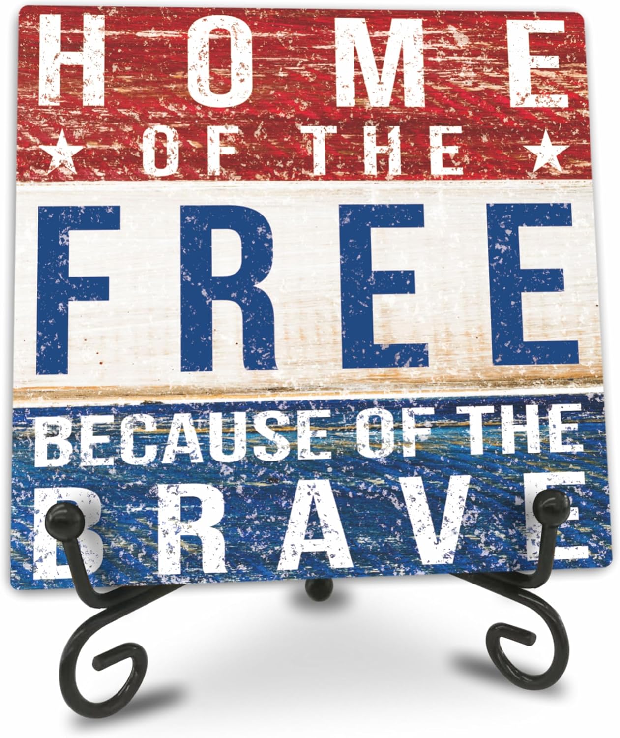 July 4th Retro Wood Plaque With Iron Stand - Home Of The Free Because Of The Brave - 4&#x22;x4&#x22; Wooden Block Sign, Patriotic Desk Signs, Shelf &#x26; Tabletop Decorations, America Memorial Day Supplies - E05