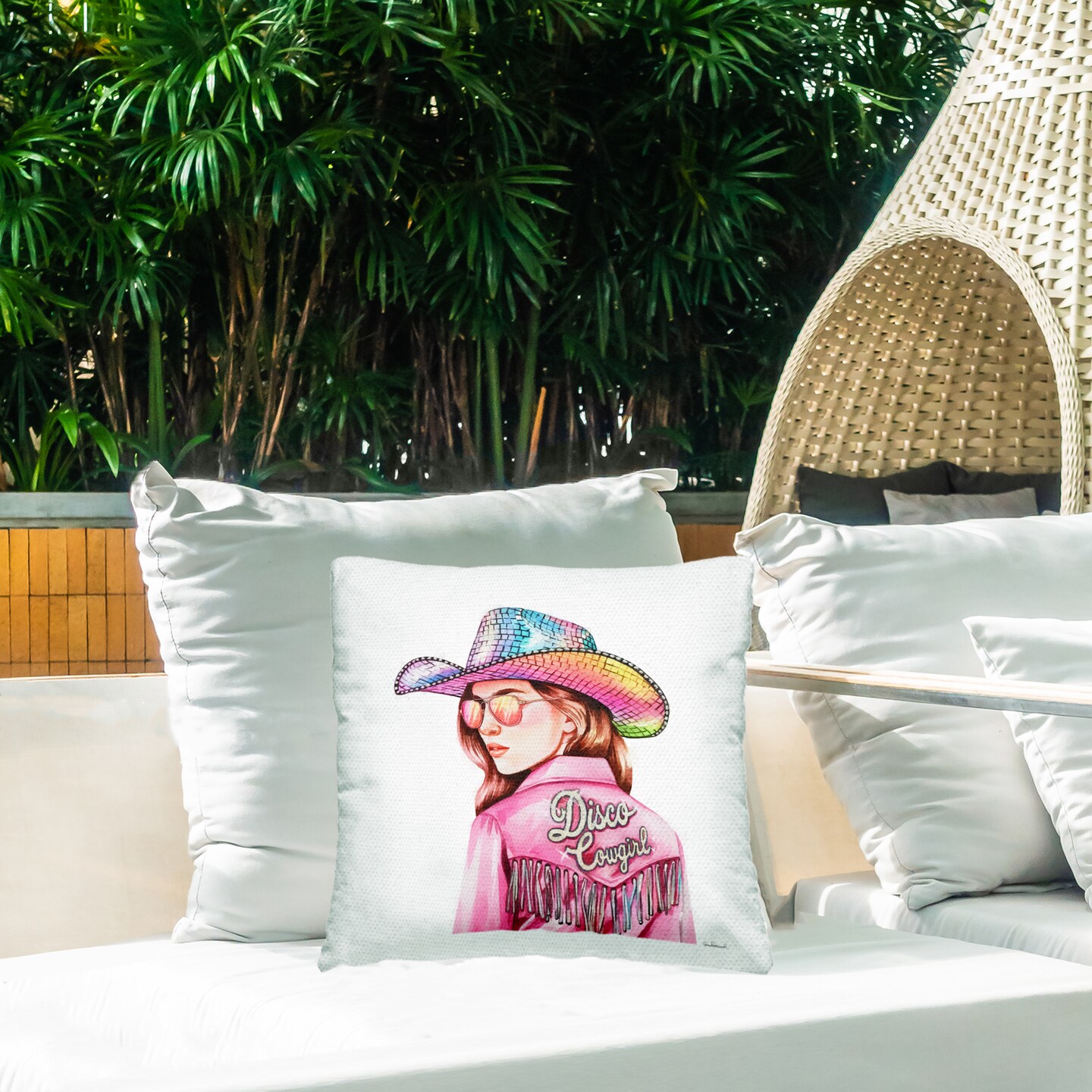 Stupell Industries Pink Disco Cowgirl Outdoor Printed Pillow design by Amanda Greenwood, 18 x 7 x 18