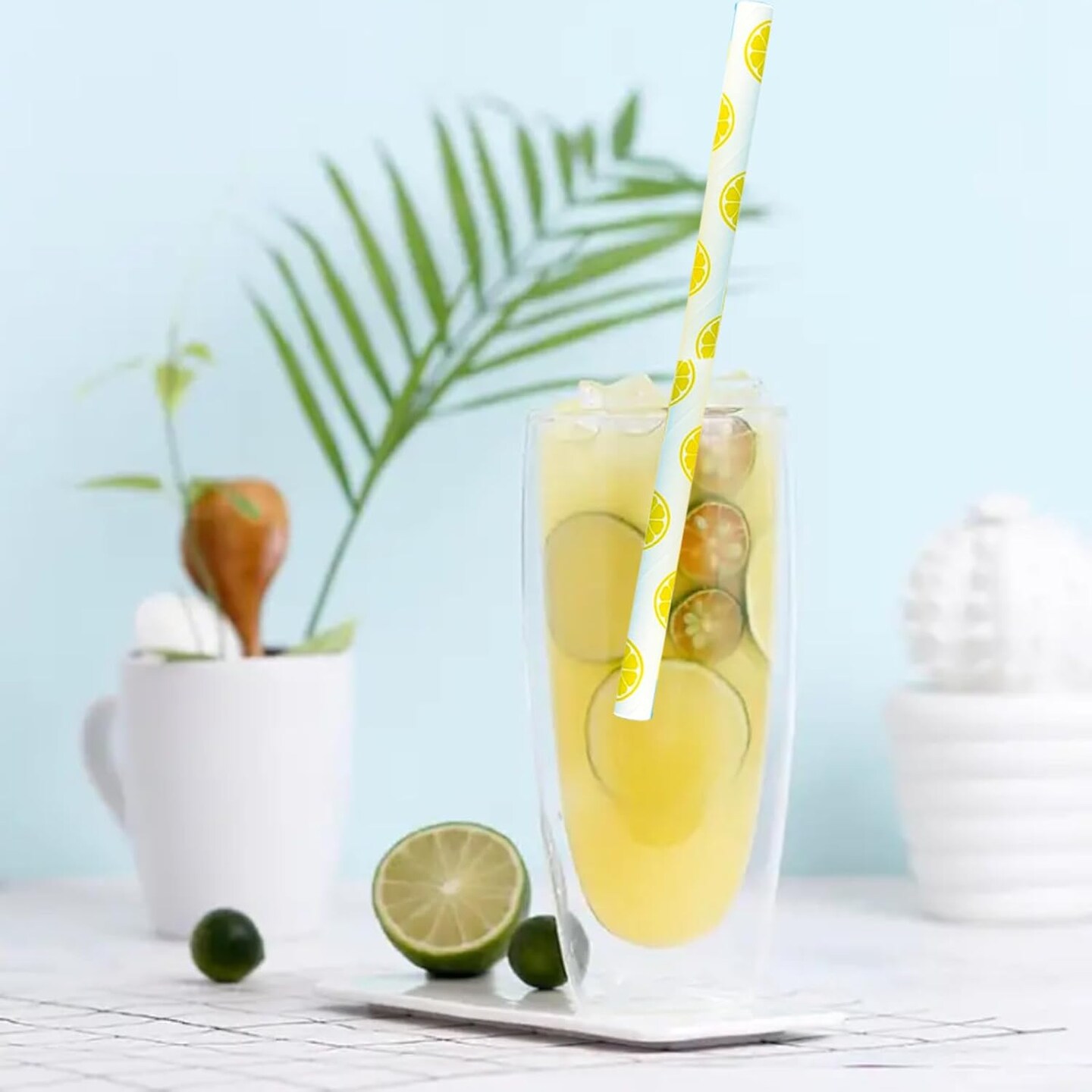 25 Pcs Biodegradable Yellow Paper Straws Lemon Baby Shower Party Straws Lemon Disposable Paper Straws for Drinking