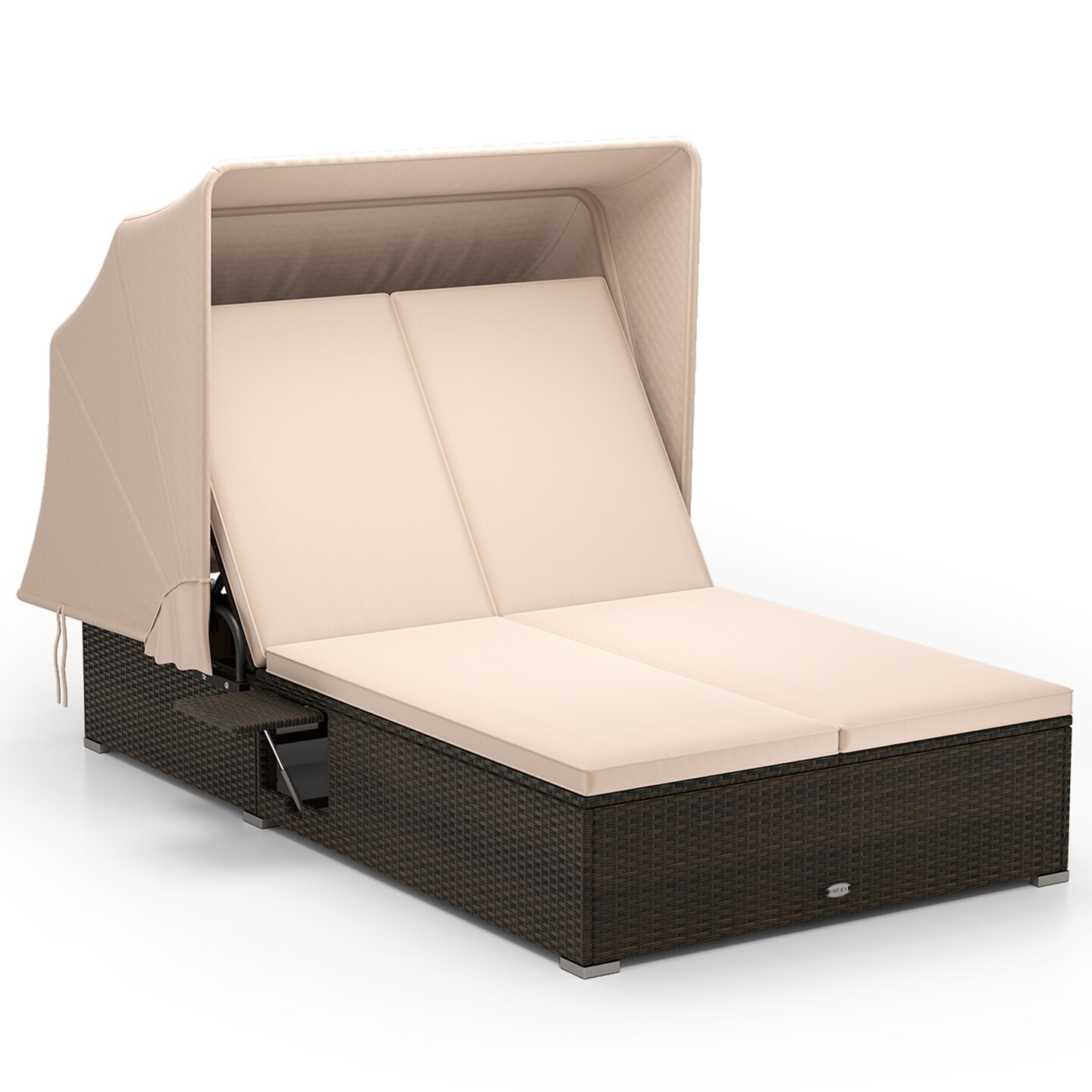 Double Chaise Lounge with Adjustable Backrests, Retractable Canopy & Cushions