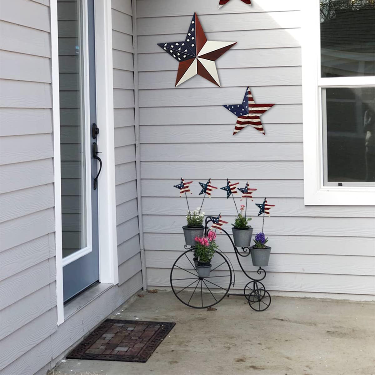 H Metal American Star Barn Yard Sign, Patriotic Metal US Flag Star Barn Garden Stake for Planter Pot Walkway Pathway 4th of July Decor