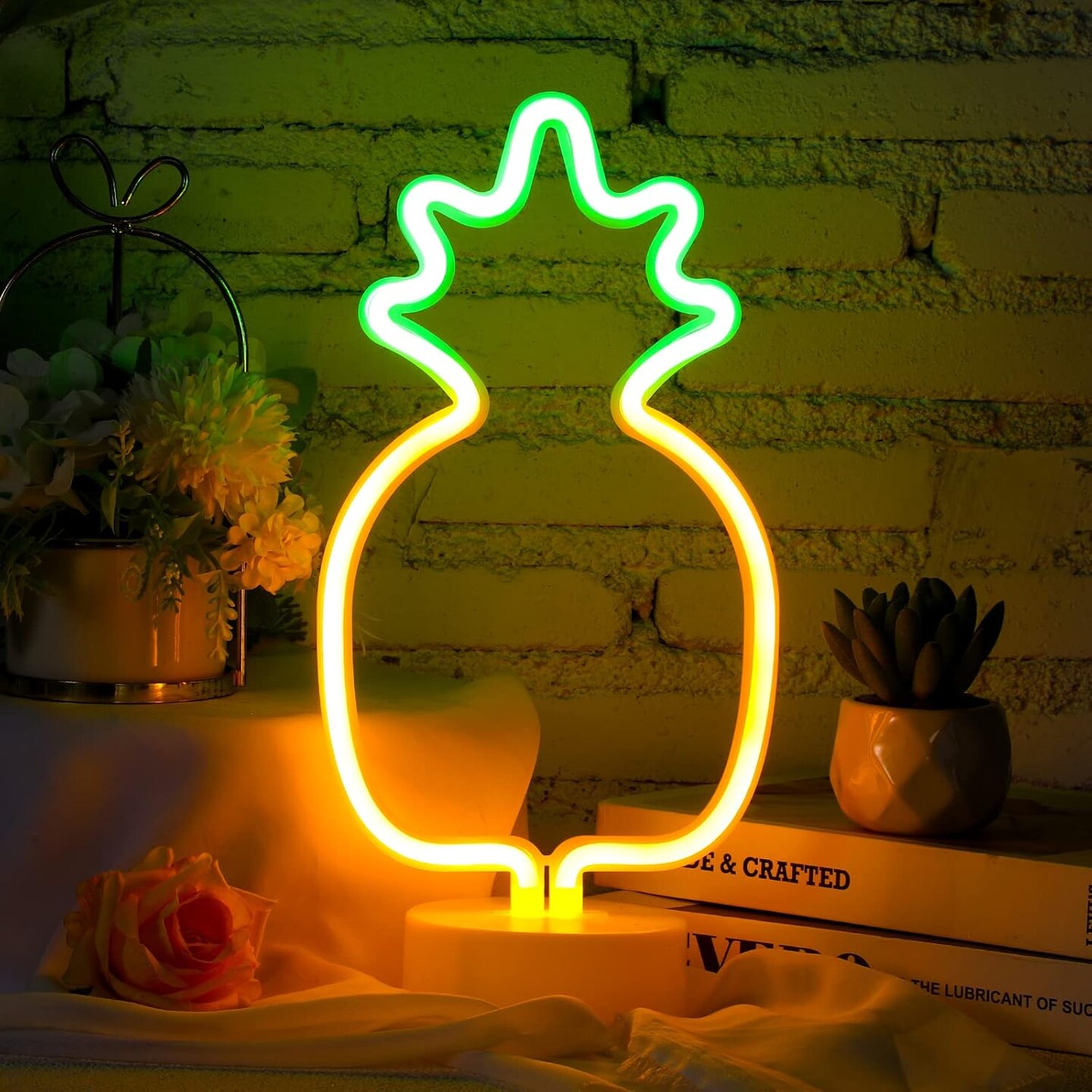 Tropical 3-Piece Neon Lights Set &#x2013; Flamingo, Pineapple, and Palm Tree Neon Signs for Summer Parties, Hawaiian Decor, and Bedroom Vibes | Battery/USB Powered with Demountable Pedestal