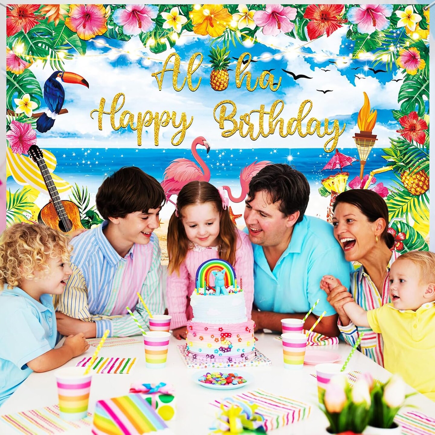 Birthday Party Decorations Supplies, Summer Hawaiian Birthday Backdrop for Tropical Flamingo Pool Beach Party Decoration