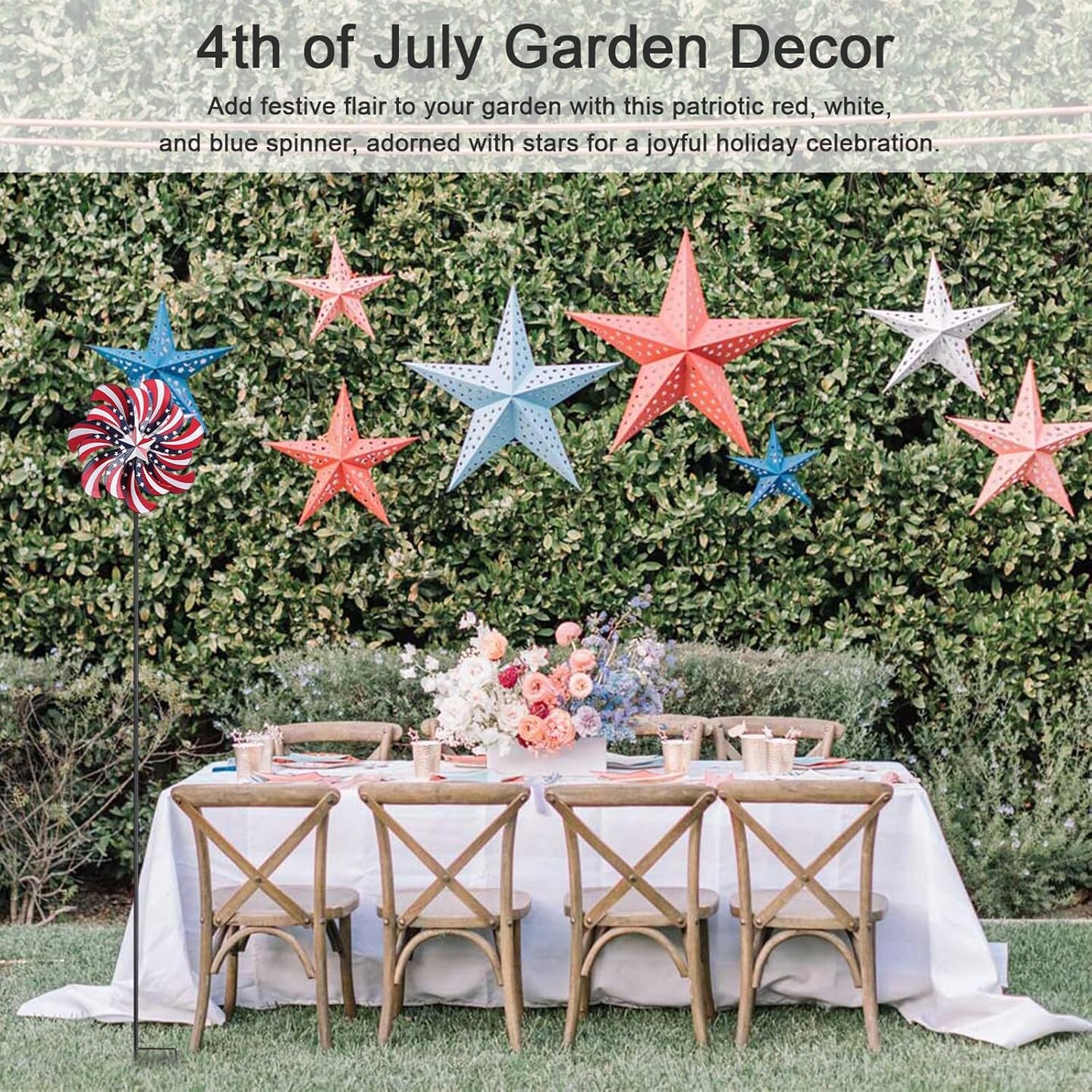 4th of July Outdoor Wind Spinner, 60" Red White Blue Metal Wind Spinners with Stakes