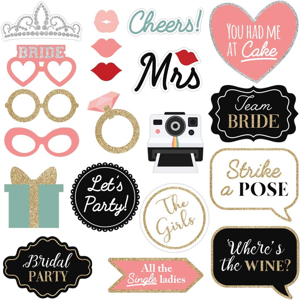Fully Assembled Wedding Photo Booth Props - Set of 40 - Gold, Pink, Teal, &#x26; Silver Selfie Signs - Wedding Party Supplies &#x26; Decorations - Cute Designs with Real Glitter - Did We Mention No DIY