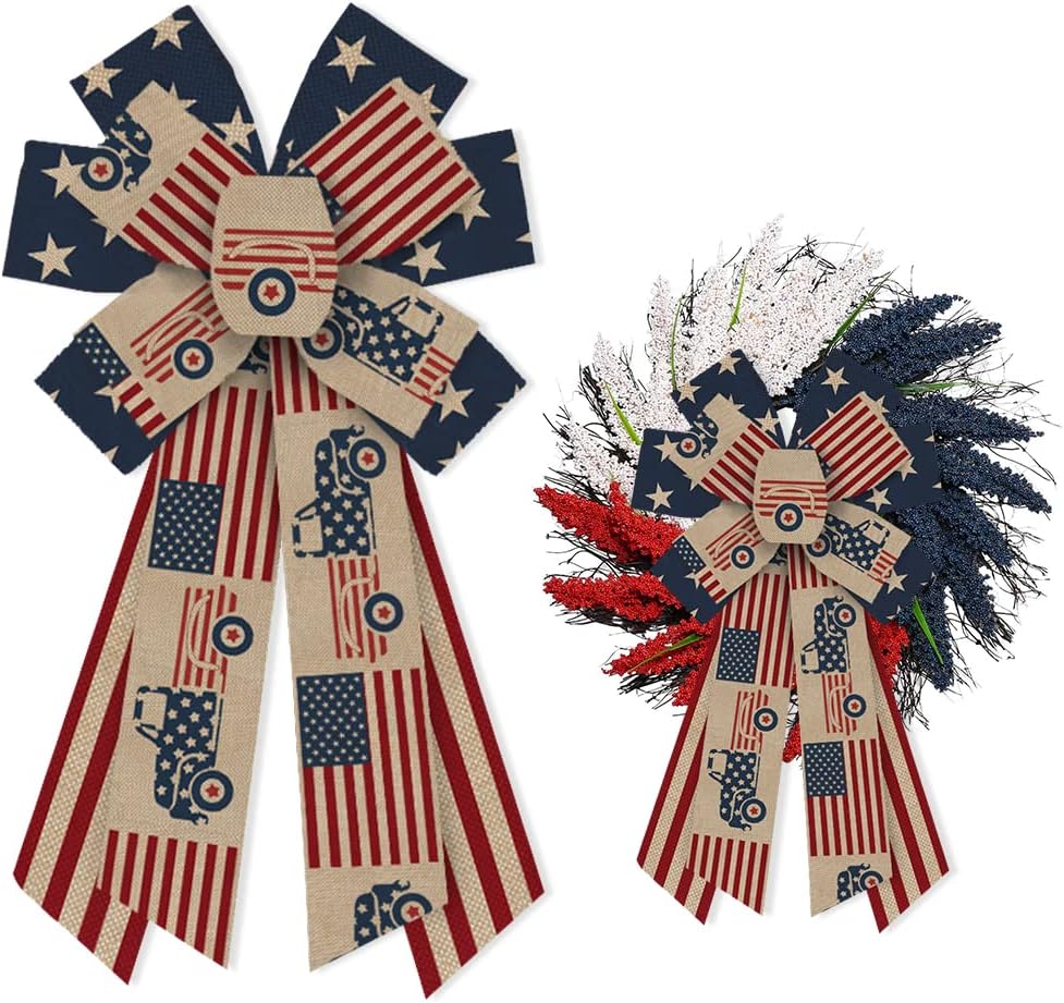 Large 4th of July Bows for Wreath, Patriotic Wreath Bows American Flags Bow Natural Burlap Craft Bow Memorial Day Farmhouse Bows for Front Door Fourth of July Memorial Day Decorations