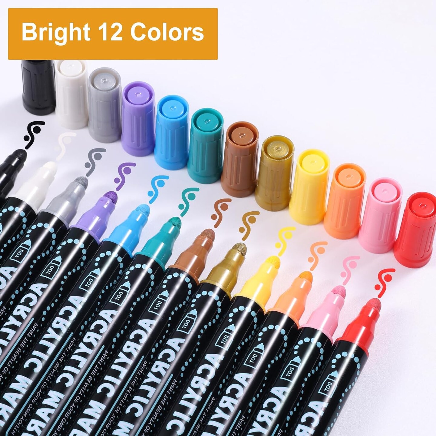 12 Colors Waterproof Dual Tip Acrylic Paint Pens, Dot &#x26; Fine Tip Premium Coloring Drawing Markers Set for Wood, Rock Painting, Canvas, Glass, Ceramic Surfaces and DIY Crafts Making Art Supplies