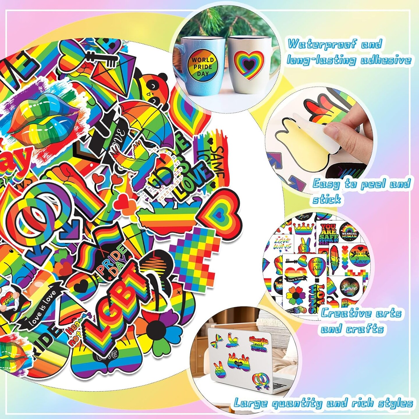 200 Pcs Gay Pride Stickers, LGBTQ+ Stickers Rainbow Sticker Bulk for Pride Month Lesbian Bisexual Sticker Pack Vinyl Waterproof Pride-Stuff for Water Bottle Laptop Skateboard Guitar Car