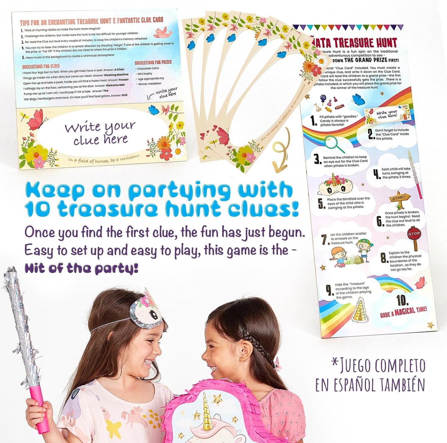 Unicorn Pinata Treasure Hunt Party Game, Birthday Party Complete Set, 16 X 13 Inches, Cute Horse Girl Pinata, Includes Unicorn Pi&#xF1;ata, Horn Mini Pi&#xF1;ata, Pink Bat and more!