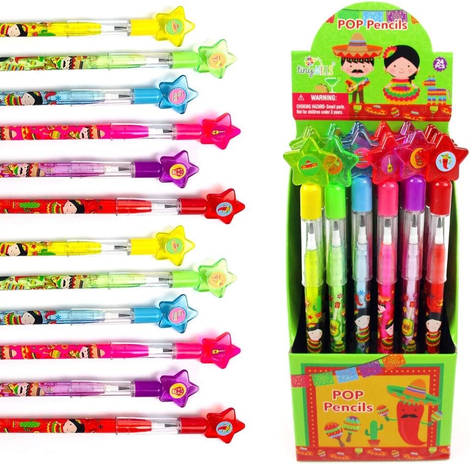 TINYMILLS 24 Pcs Mexican Fiesta Tacos Multi Point Pencils Stackable Stacking Pencil with Eraser for Pinata Filler Goodie Bag Stuffers Classroom Rewards Cinco de Mayo Party Favors