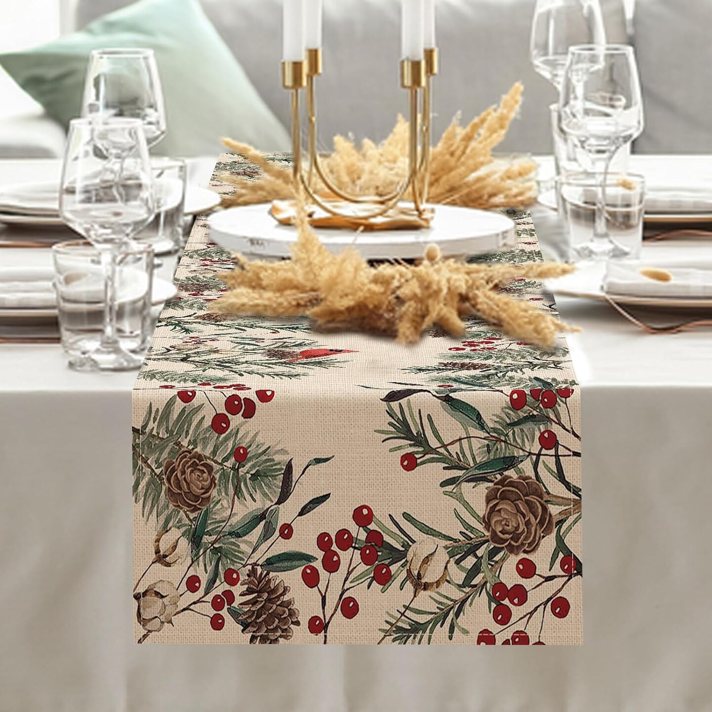 Winter Pine Needle Branches Table Runner, Pine Cone Cardinal Red Birds Berry Farmhouse Kitchen Dining Table Decor, Christmas Holiday Home Decoration Indoor Outdoor Party Supply 13 x 72 Inches