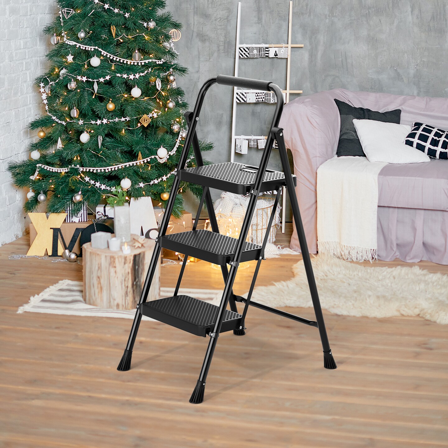 Black Metal Portable Folding 3 Step Ladder with Wide Anti-Slip Pedal and Convenient Handle