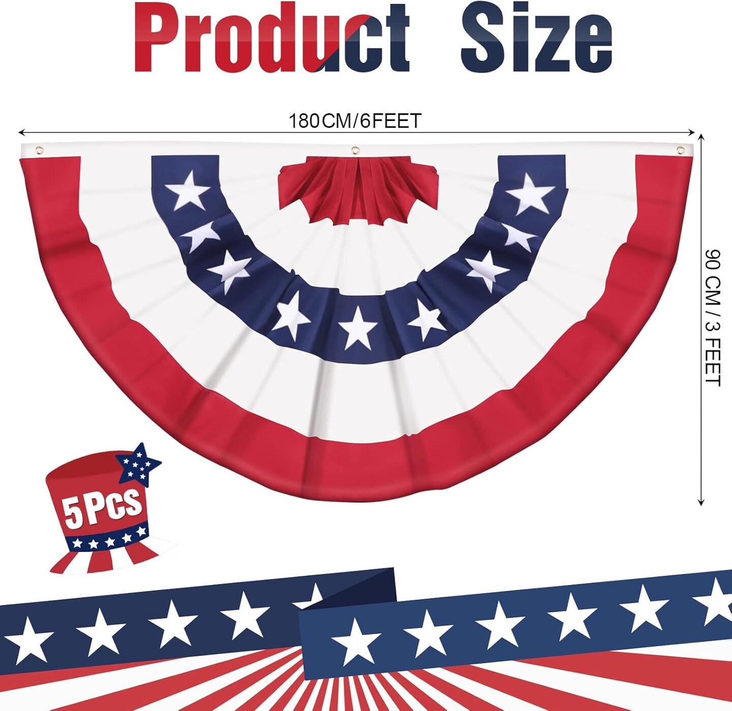 5 Pcs American Flags Bunting 3 x 6 ft USA Patriotic Half Fan Bunting Flag Outdoor 4th of July Pleated Fan Flags Banners for Independence Day Memorial Day Outside Porch Garden Yard Decorations