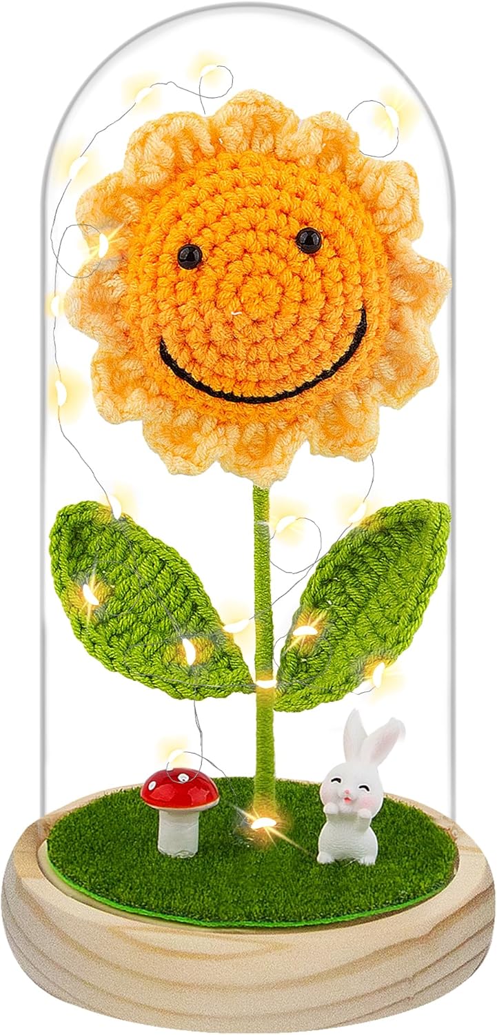 Sunflower Gifts for Women Birthday, Crochet Sunflowers in Dome with LED Strip for Her, Sun Flowers Gifts for Wife Girlfriend Mom on Birthday Mother&#x27;s Day
