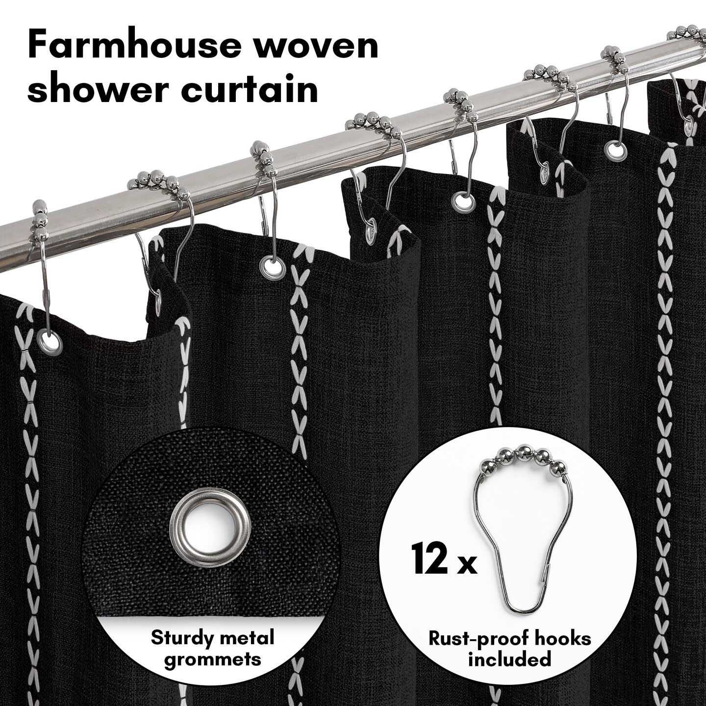Americanflat 71x71 Woven Linen Shower Curtain with Tassel Accents - Includes 12 Grommets and Hooks - 100% Polyester