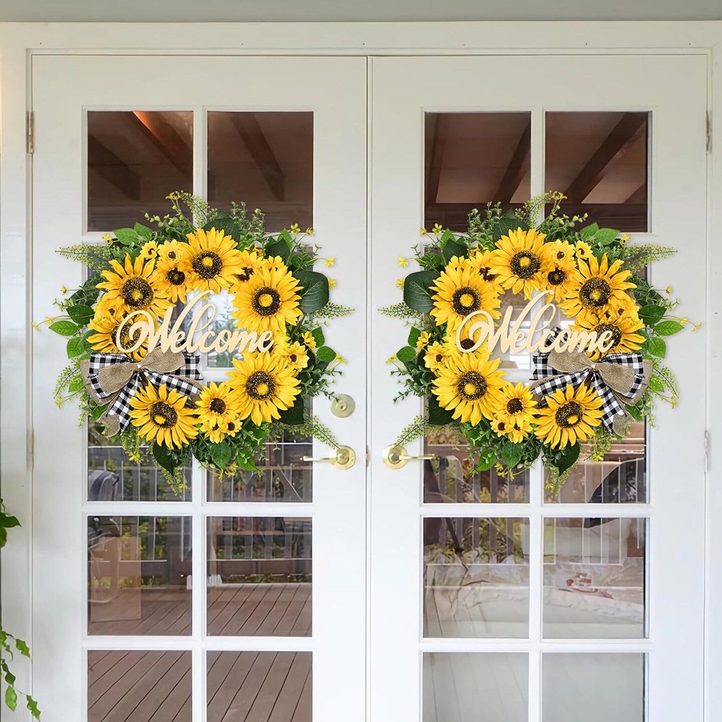 Summer Sunflower Wreath for Front Door &#x2013; 20&#x22; Farmhouse Wreath with Welcome Sign &#x26; Bow, Bright Seasonal Decor for Porch, Patio, or Window