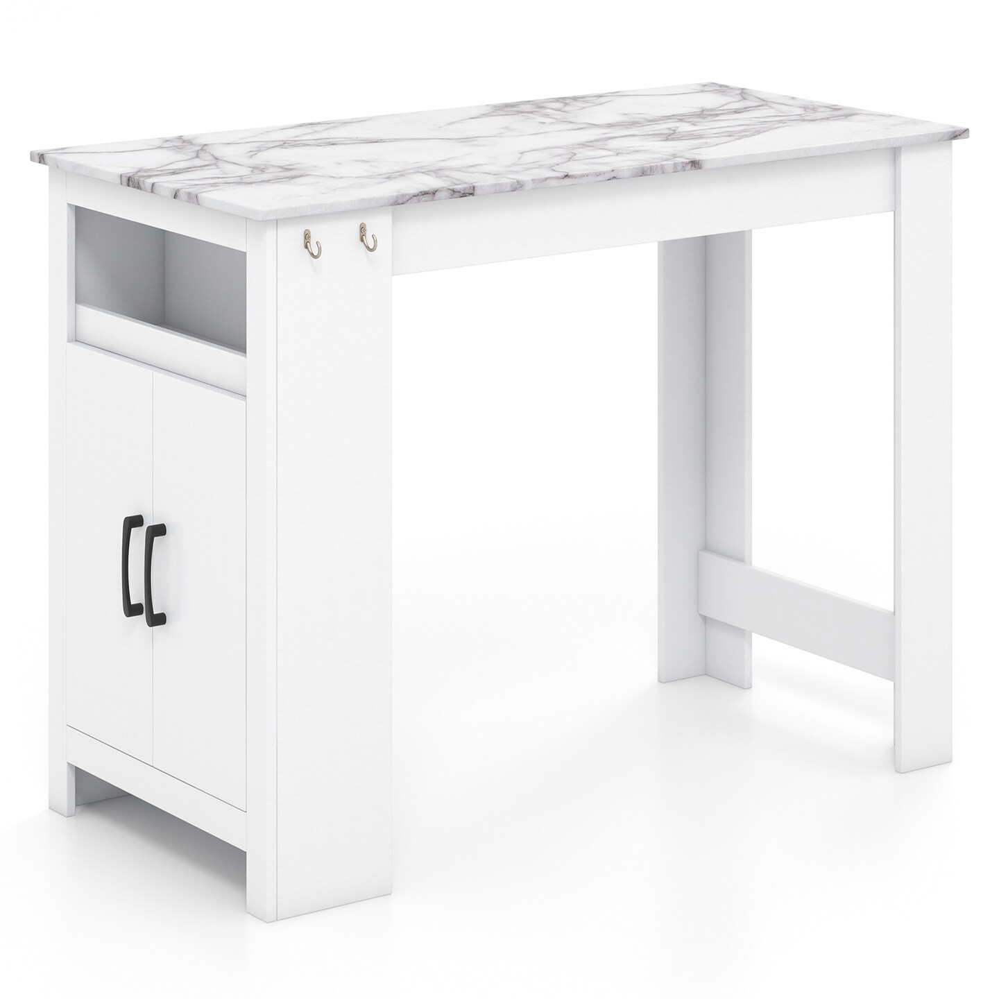 White MDF Bar Table with Faux Marble Top, Adjustable Shelf and Hooks