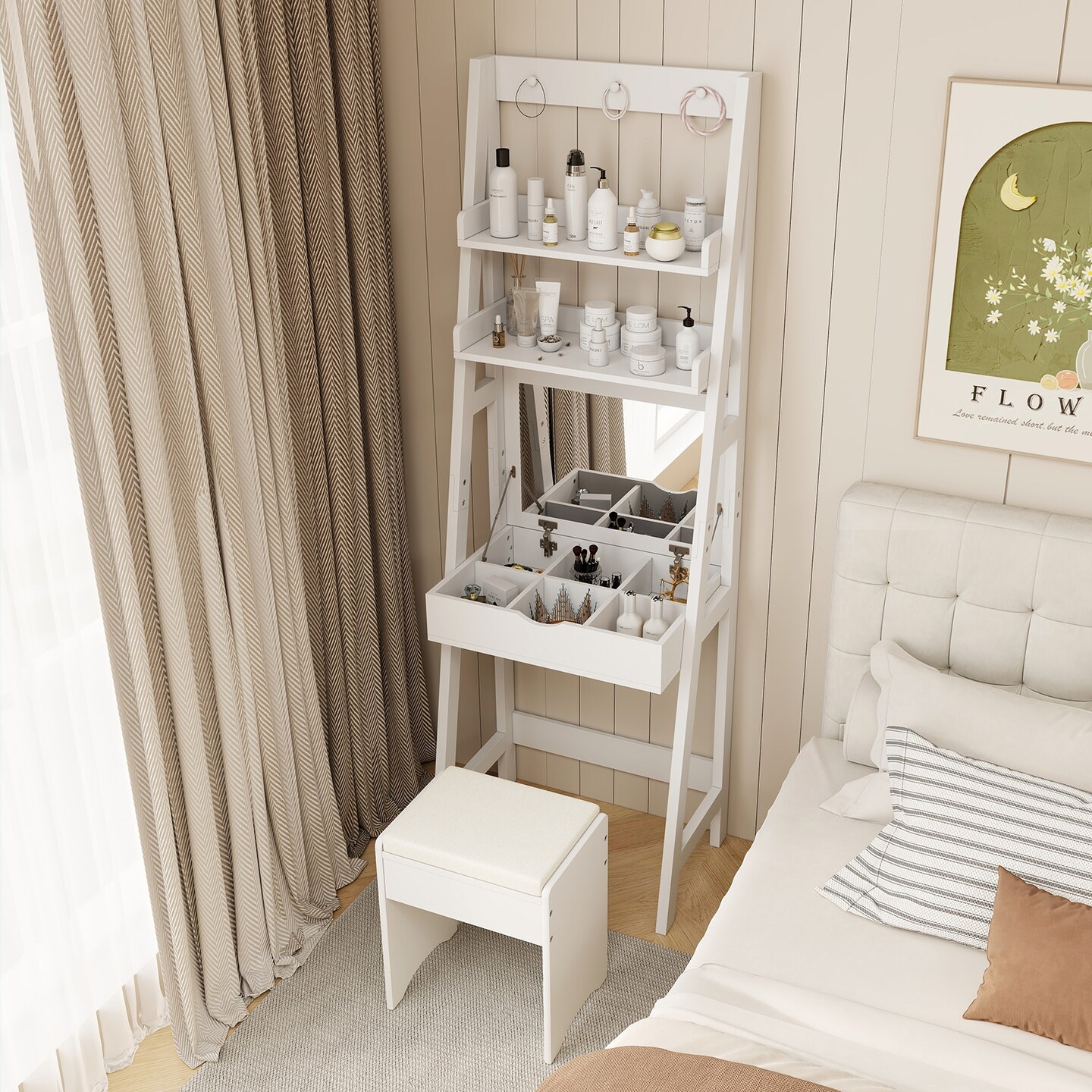 White Vanity Desk Set with Flip Top Mirror and Hidden Storage Compartments Cushioned Stool
