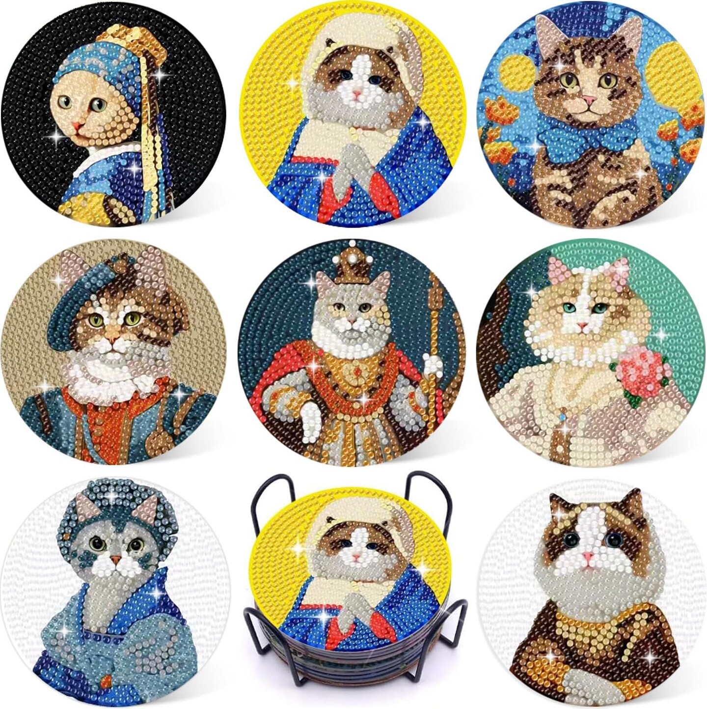 8 Pcs Diamond Painting Coaster Kit Set – Funny Cat Diamond Art Coasters with Holder, DIY Craft Kit for Adults, Diamond Dots Art Gift