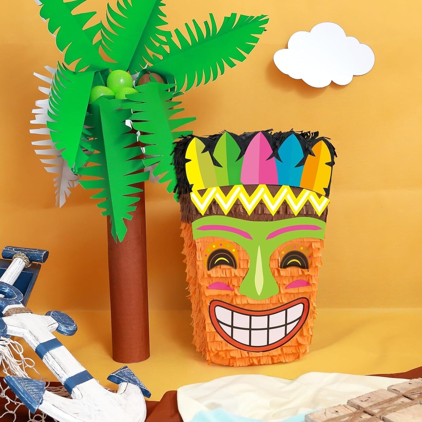 Tiki Pi&#xF1;ata -Tropical Hawaii Pi&#xF1;ata with Blindfold and Bat for Girls Boys Kids Pi&#xF1;ata Hawaiian Luau Themed Party Decorations