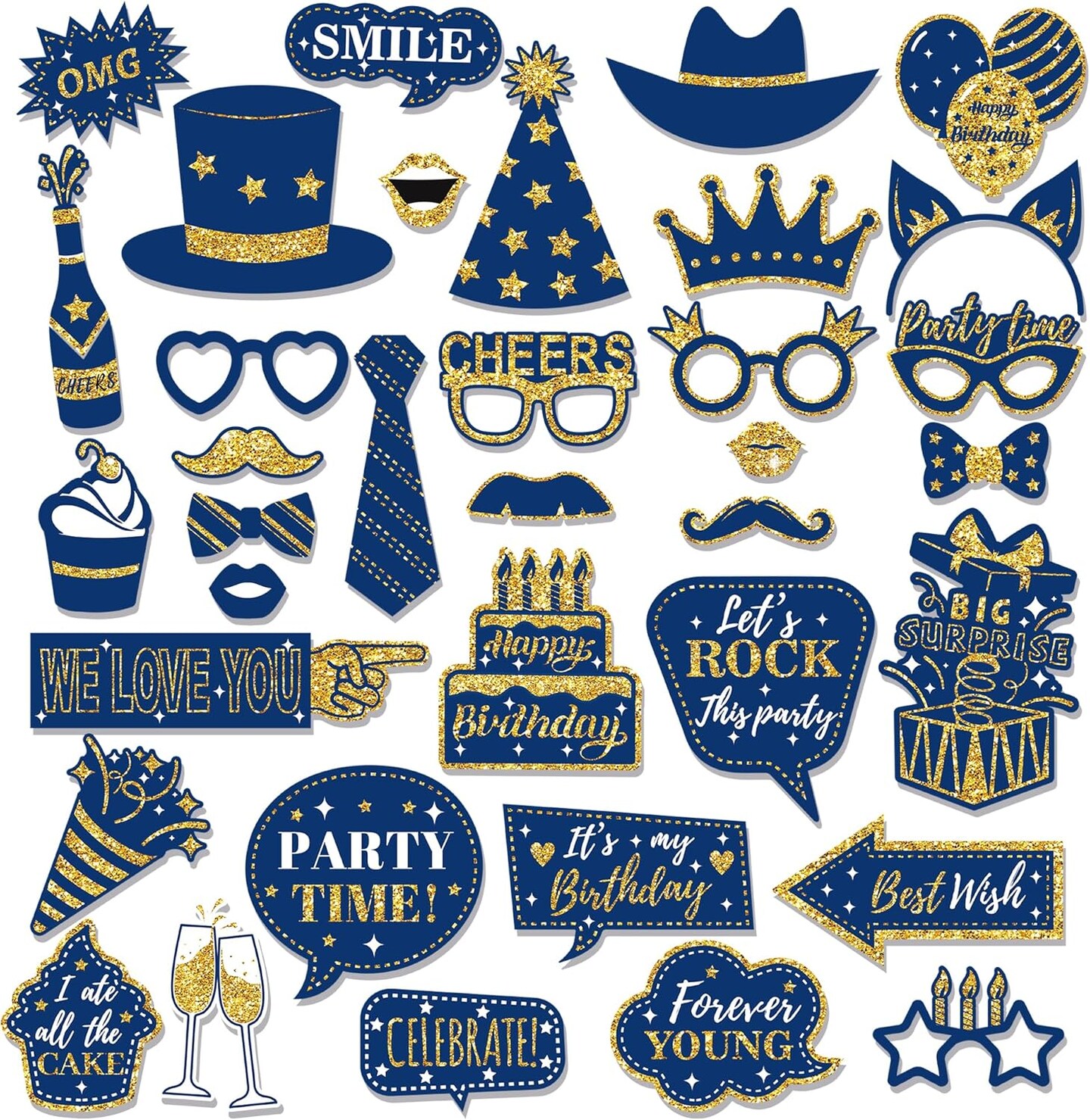 36-Piece Blue Happy Birthday Photo Booth Props, Glitter Party Decorations, Letter Print Card Material, Perfect for Forever Young Cheers Celebration