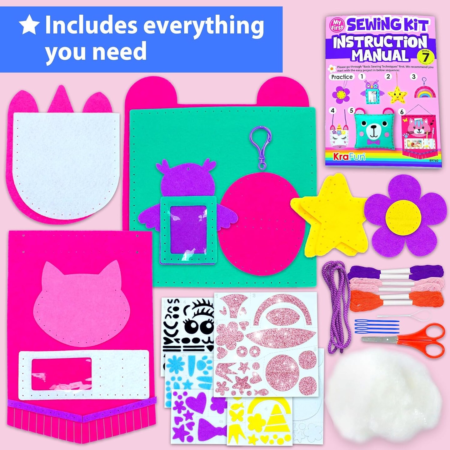 My First Sewing Kit for Beginner Kids Arts &#x26; Crafts, 7 Easy DIY Projects of Stuffed Animal Dolls and Plush Pillow Craft, Instructions &#x26; Felt, Gift for Girls, Boys, Learn to Sew, Embroidery