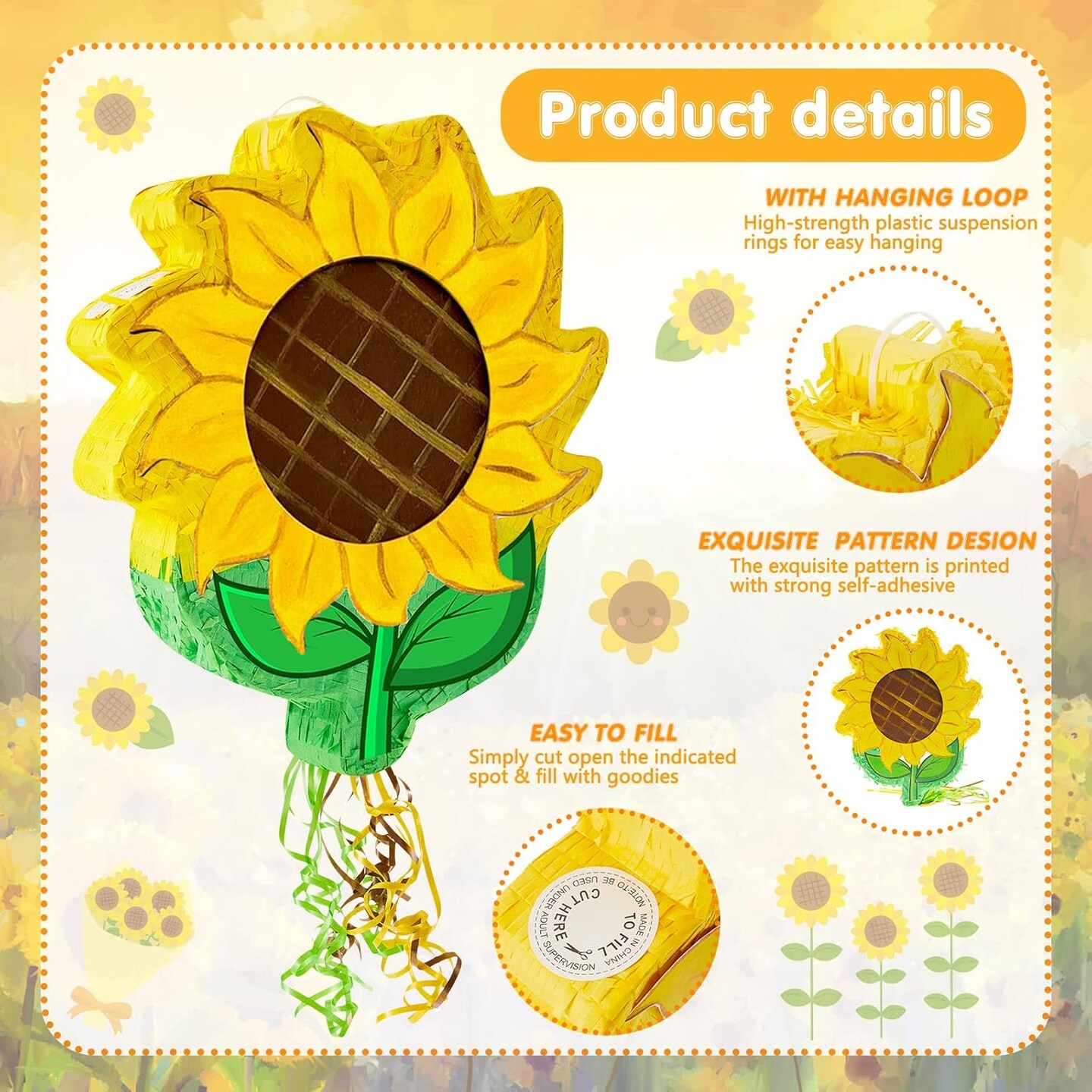 Sunflower Tea Pot Piñata for Birthday Party Colorful Piñata with Stick, Blindfold, Confetti