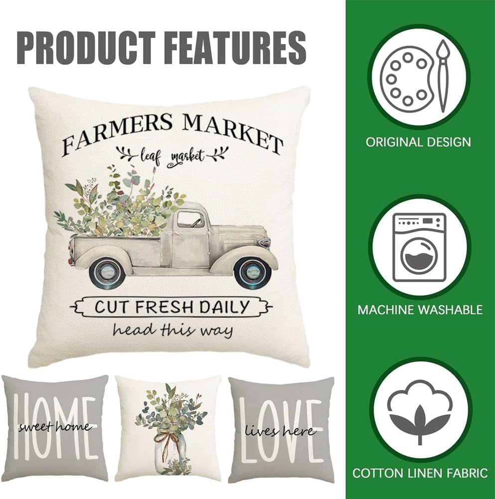 Farmhouse Pillow Covers 18x18 Inch,Outdoor Waterproof Home Sweet Home Truck Love Lives here Eucalyptus Leaves Cushion Case Decorations for Sofa Couch Set of 4 Gray