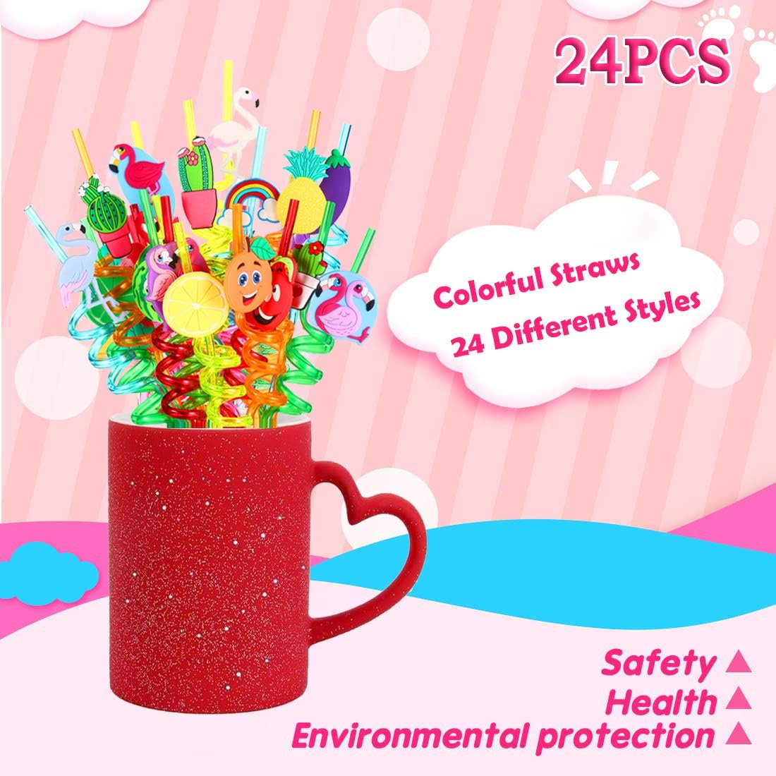 24 Flamingo Fruit Cactus Reusable Plastic Straws,Hawaiian Beach Cocktail Luau Party Decorations Supplies Favors