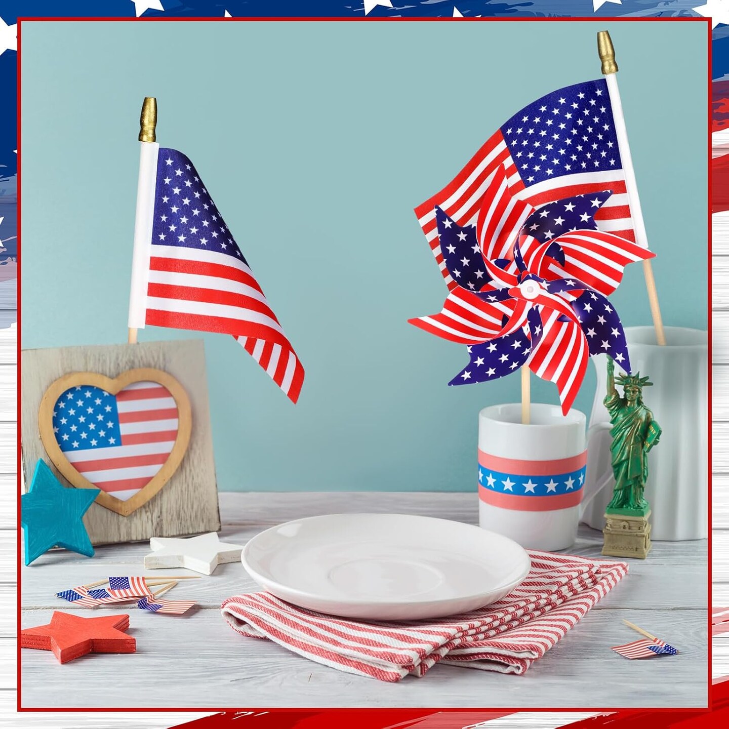 48 Pcs Outdoor 4th of July Decorations Patriotic America Flag and Pinwheel Decoration Memorial Day Wind Spinner with Stake Red White Blue Windmills Flag on Stick