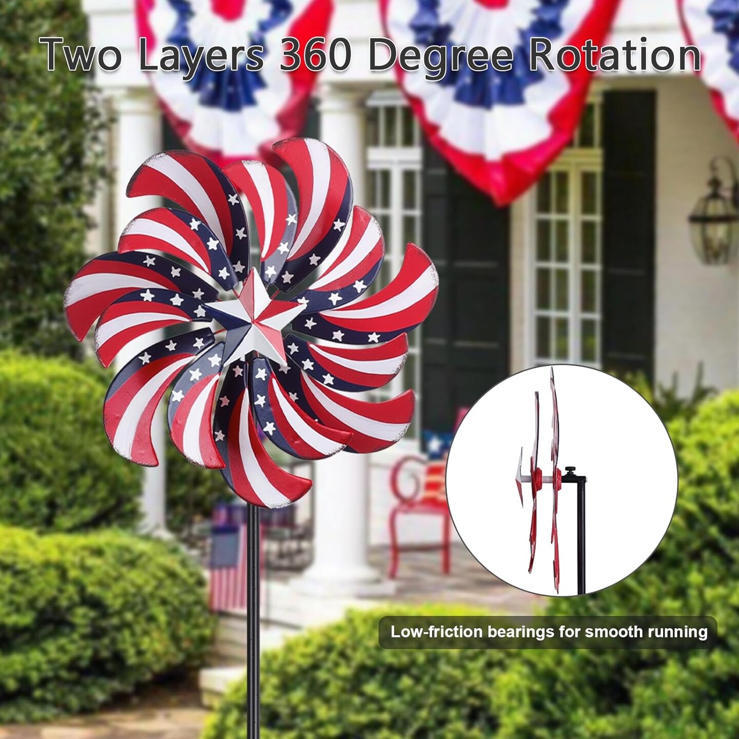4th of July Outdoor Wind Spinner, 60" Red White Blue Metal Wind Spinners with Stakes