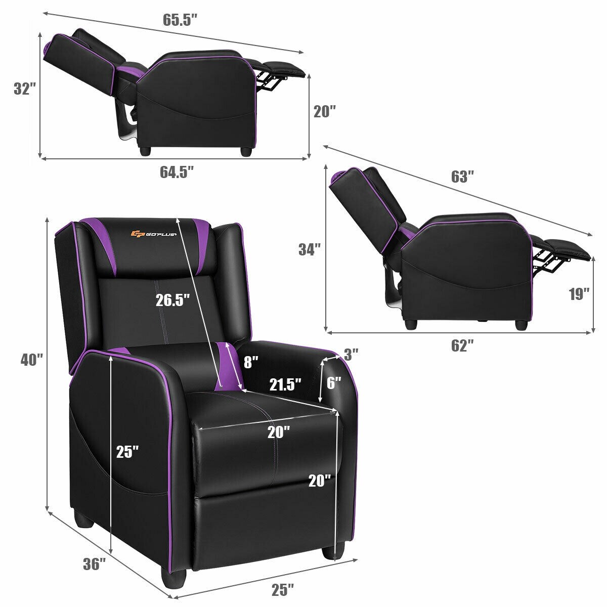 Ergonomic Purple Massage Gaming Recliner Chair