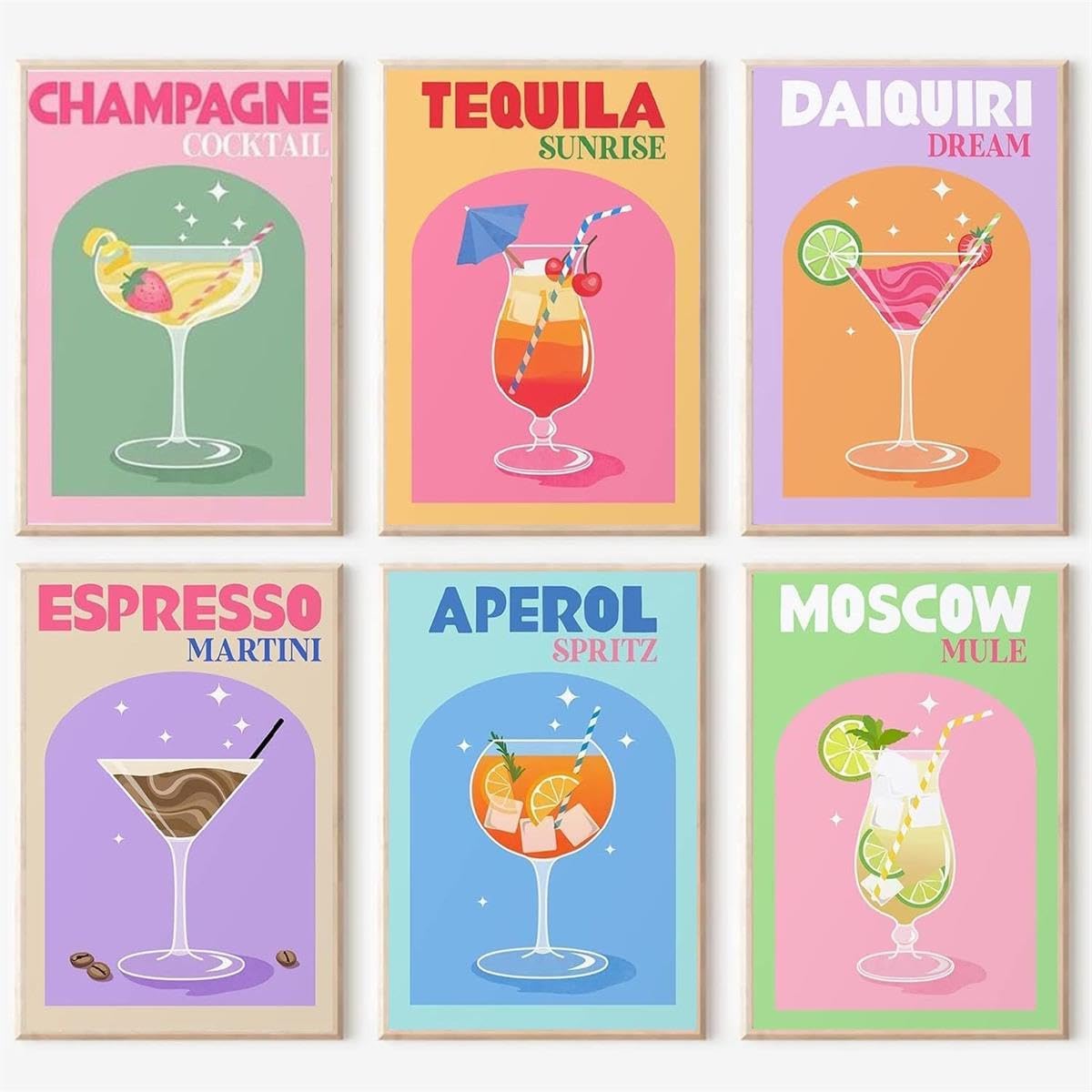 6 Pack Retro Cocktail Paint by Numbers Kit for Adults Beginner,Vintage Easy Paint by Number on Canvas,Acrylic oil watercolor Painting kit Arts and Crafts for Bar Party Room Wall Decor (8x12 inch)