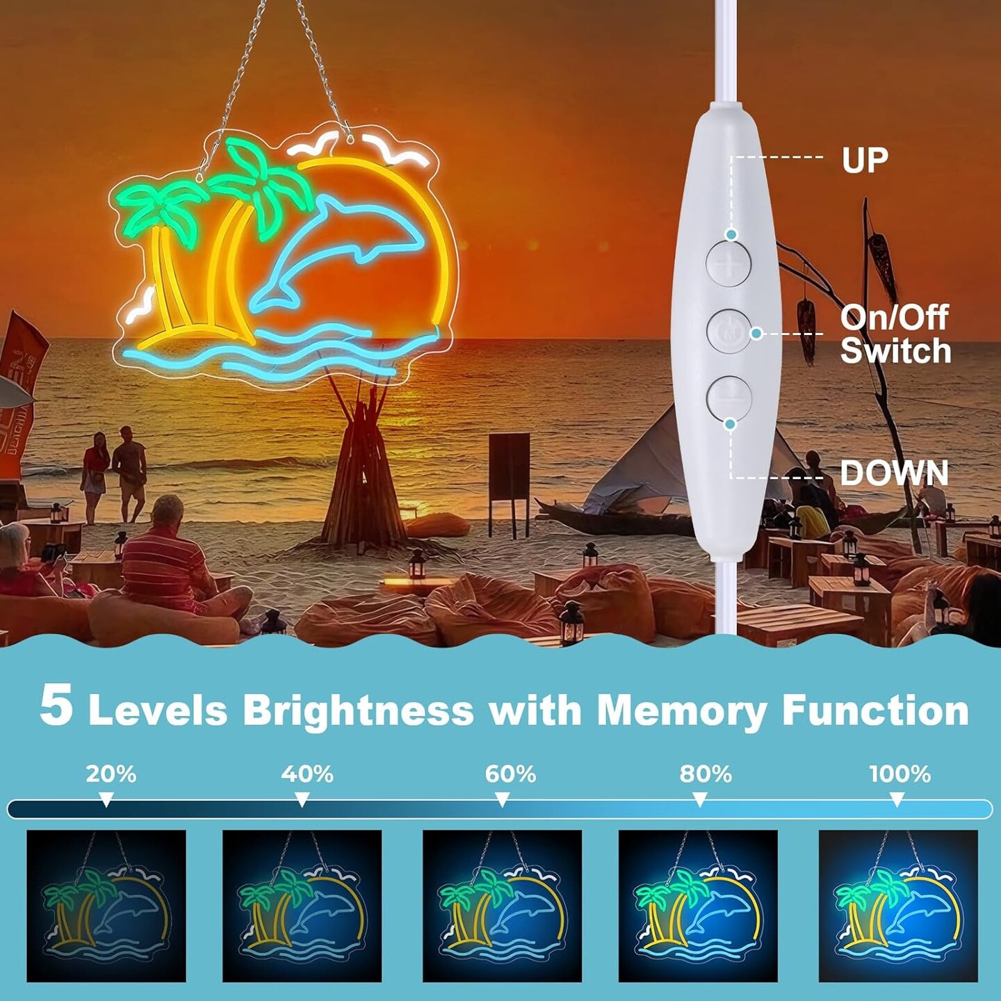 Summer Palm Tree &#x26; Dolphin Neon Signs for Wall Decor, Summer Sunrise Wave LED Light Signs for Bedroom, Tropical Neon Lights Signs