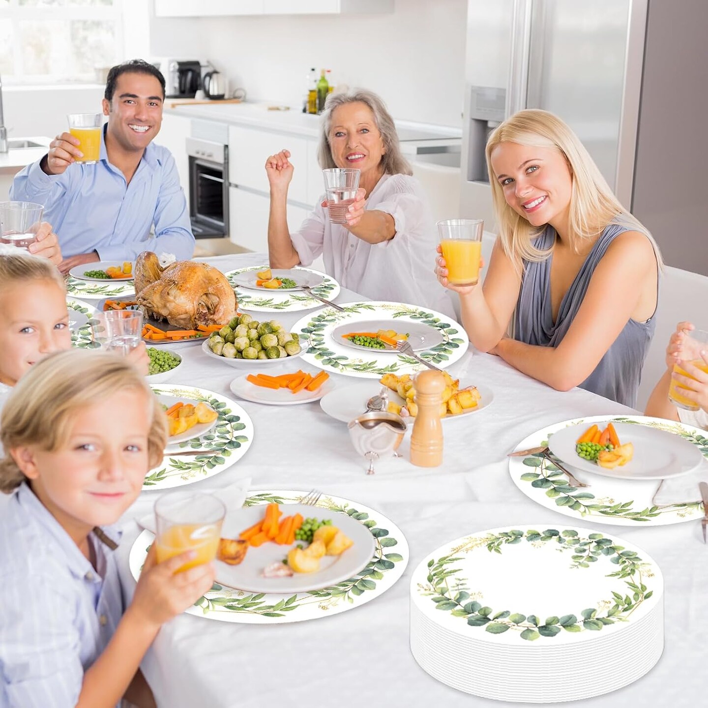 60Pcs Disposable Eucalyptus Leaves Place Mats Spring Summer Greenery Round Paper Table Mats Sage Green Eucalyptus Leaves Party Dining Table Decorations for Home Kitchen Baby Shower Wedding