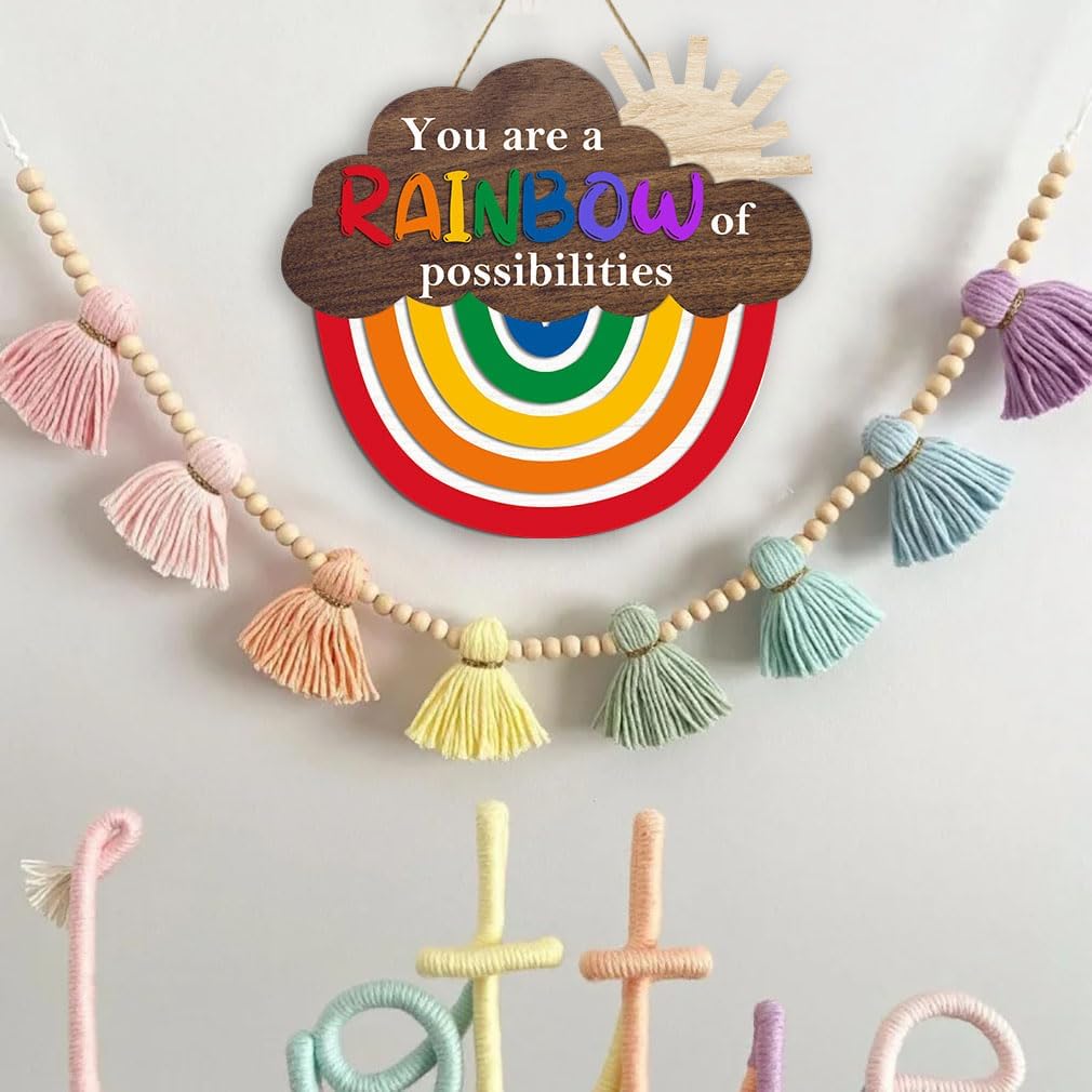 Rainbow Wooden Sign (12.2x11.5 inch), You Are A Rainbow Of Possibilities Inspirational Quote Hanger Sign, Colorful Rainbow Decorative Hanging Sign for Nursery Playroom Classroom School Decor