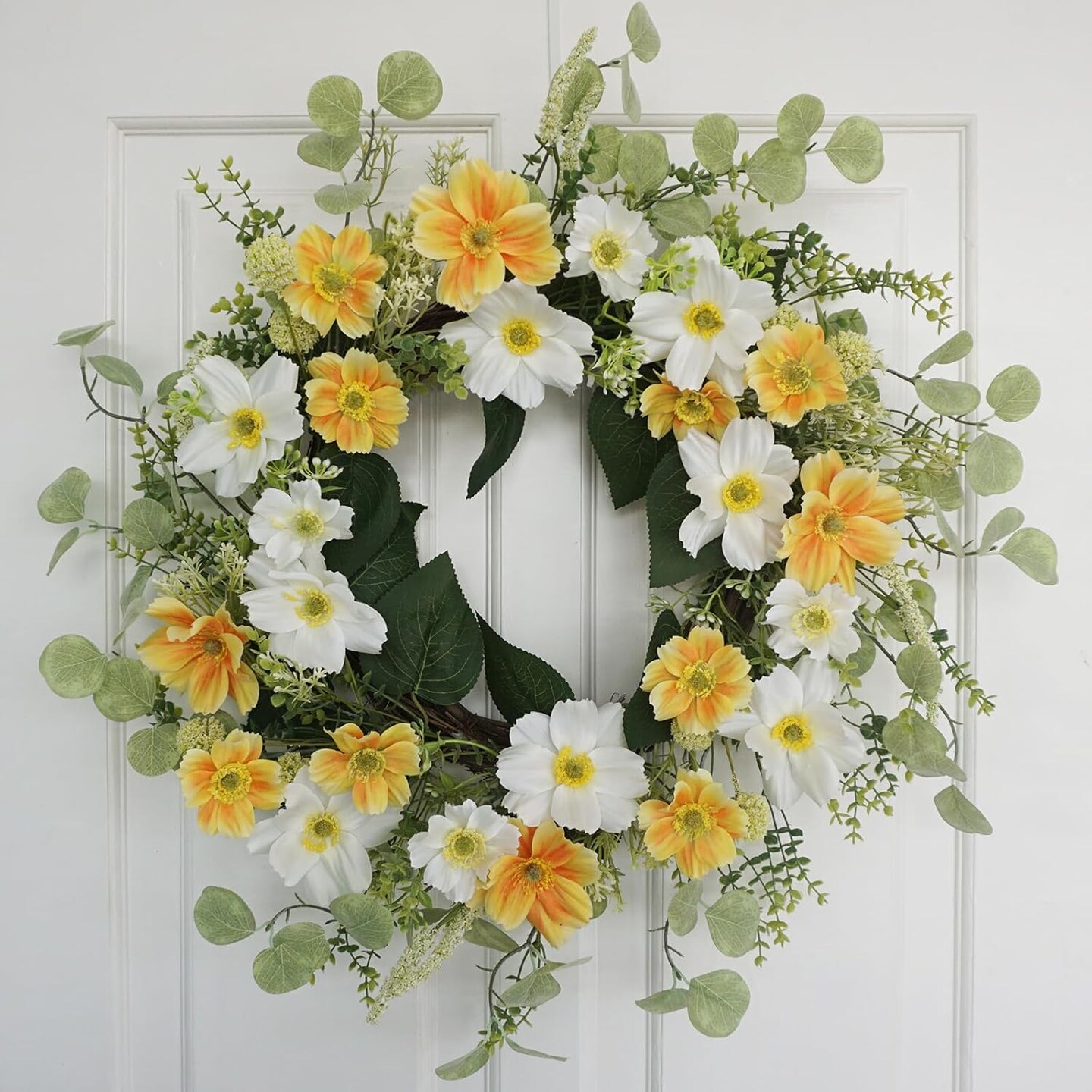 Yellow Summer Floral Arrangement Wreath for Front Door, 20 Inch Artificial Wreath with Cosmos and Daisy Flowers, Tropical Wreath for Porch, Wall, and Window Home Decor"