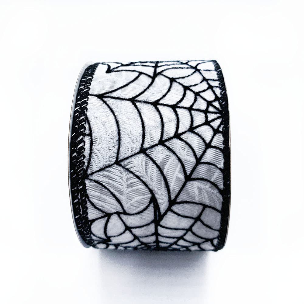 Designer&#x27;s Shop WR 63-5113 Halloween Black Spider Web on White Satin wired edge ribbons, 2.5&#x22; x 10 yards